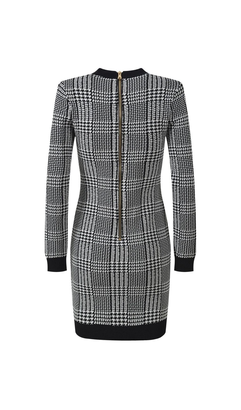 Karinda Chic Houndstooth Knit Mini Dress | Long Sleeve & Gold Buttons