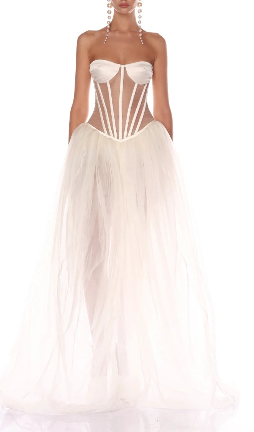 Baya White Strapless Corset Mesh Maxi Dress