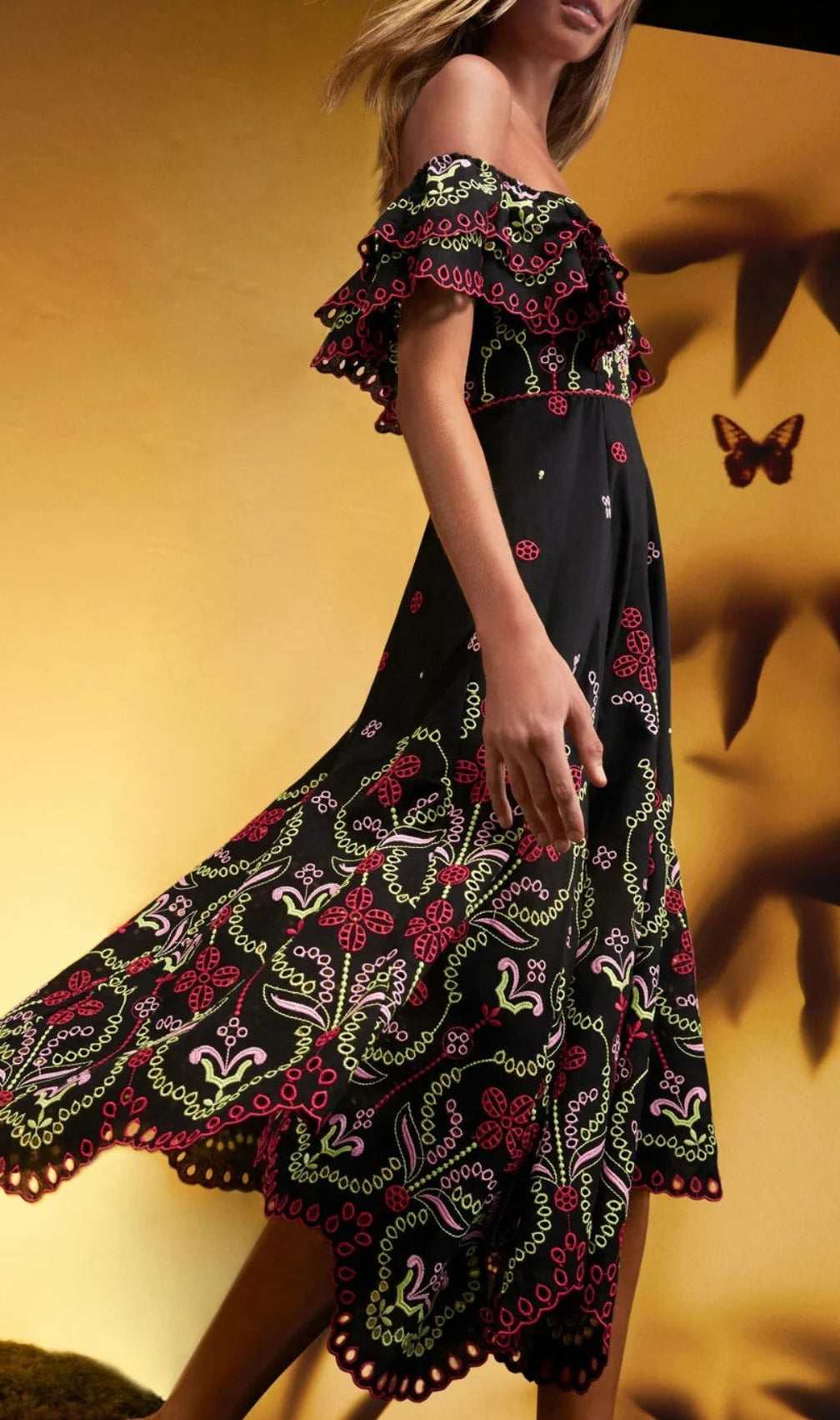 Bonnie Embroidery Ruffle Midi Dress