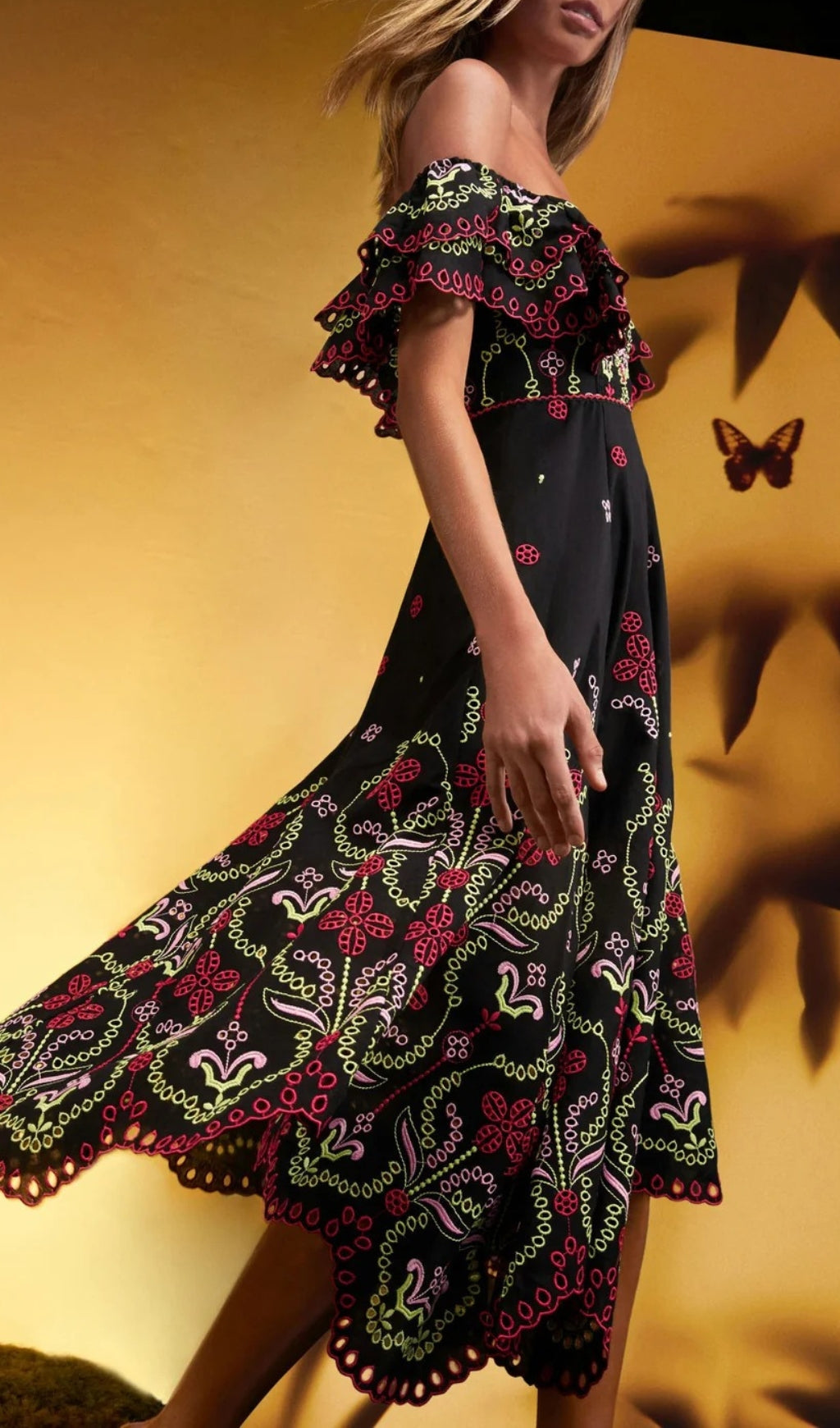 Bonnie Embroidery Ruffle Midi Dress