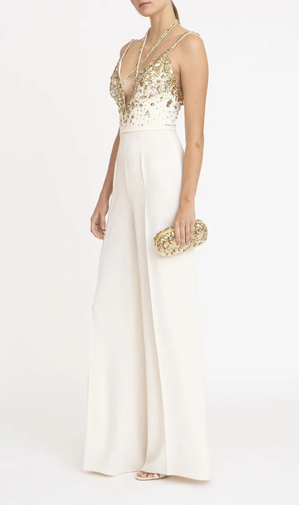 V-Neck Sequin Halter Suit In White