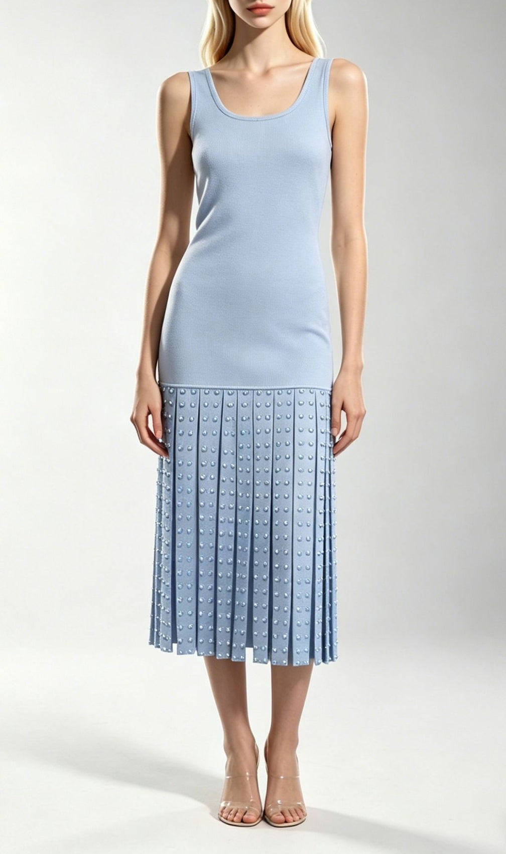 Kilikina Light Blue Sleeveless Diamante Knit Midi Dress