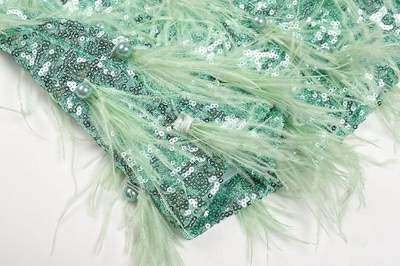 Akanksha Dazzling Green Sequin & Feather One-Shoulder Mini Dress