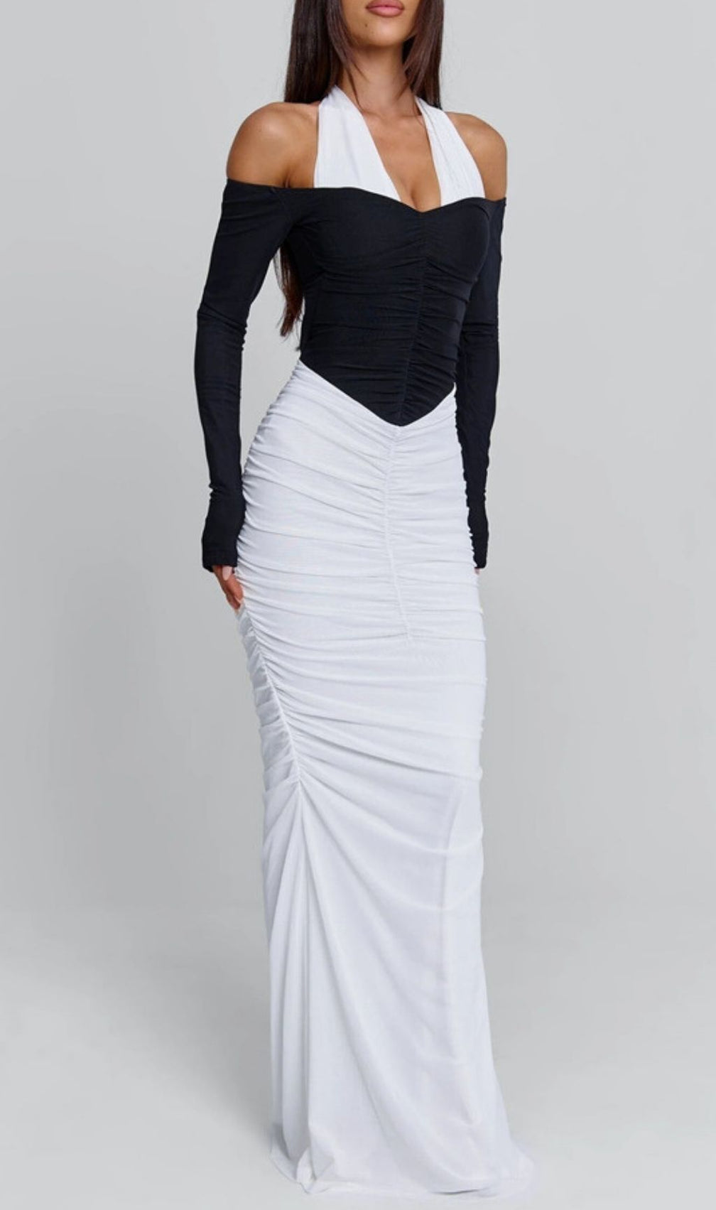 Kapri Elegant Two-Tone Halter & Off-Shoulder Ruched Maxi Dress