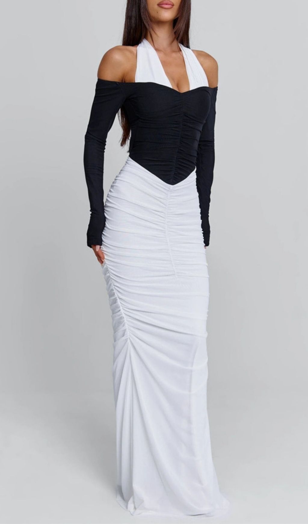 Kapri Elegant Two-Tone Halter & Off-Shoulder Ruched Maxi Dress