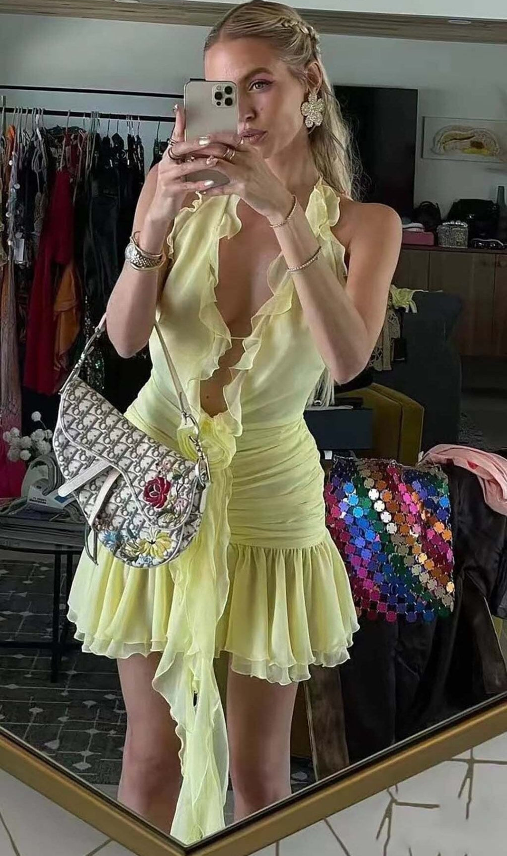 3D Flower Mesh Irregular Mini Dress