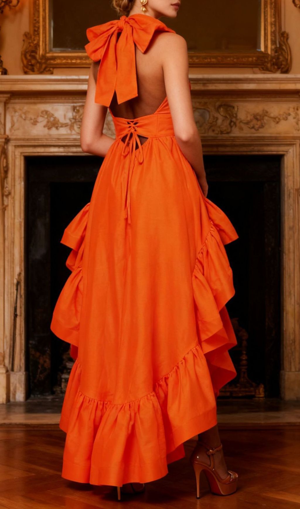 Ishik Vibrant Orange Halter High-Low Maxi Dress | V-Neck Statement Gown