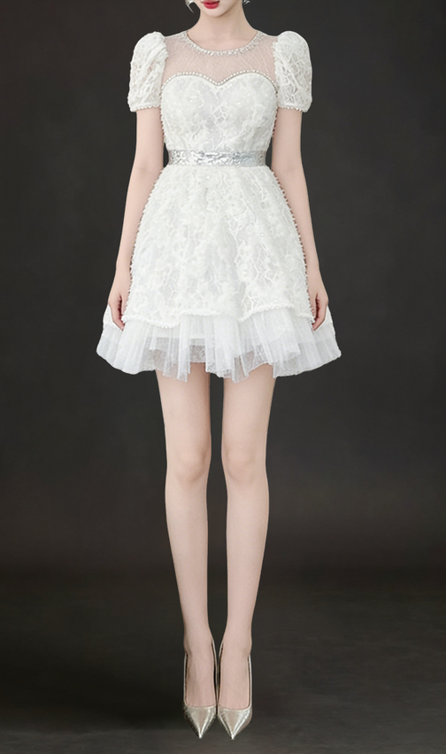 White Lace Sequin Puff Sleeve Mini Dress with Tulle Hem