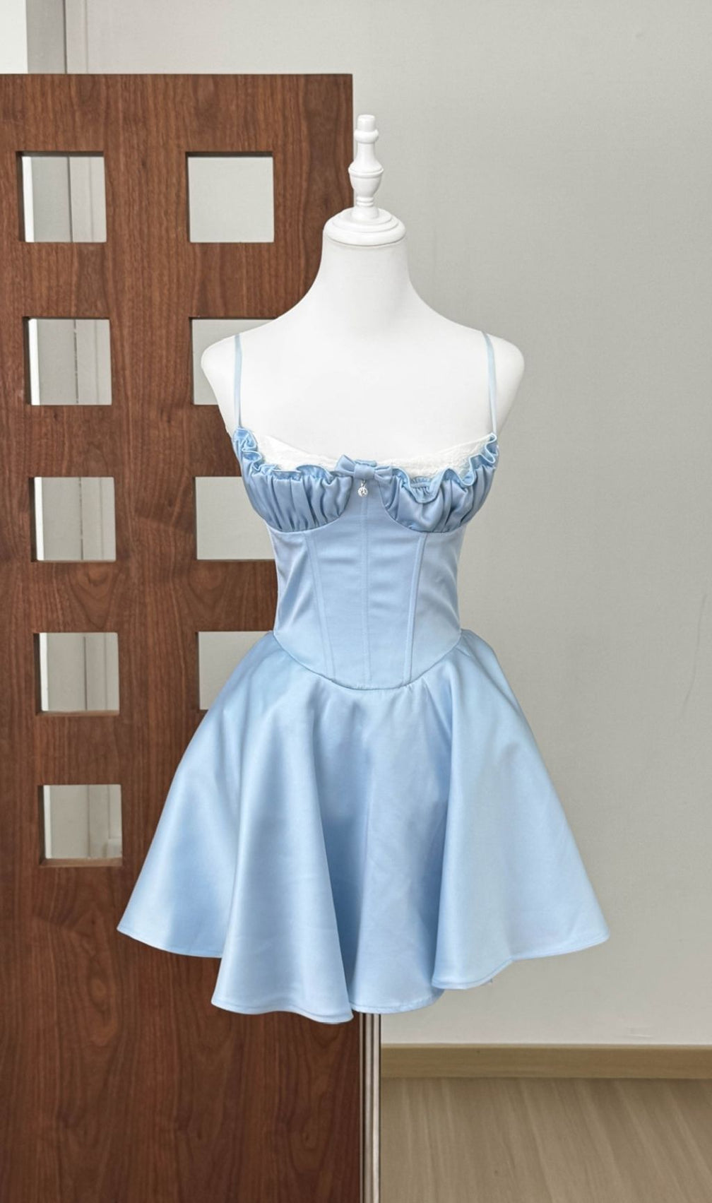 Kelsy Ethereal Blue Satin Corset Mini Dress with Lace Trim