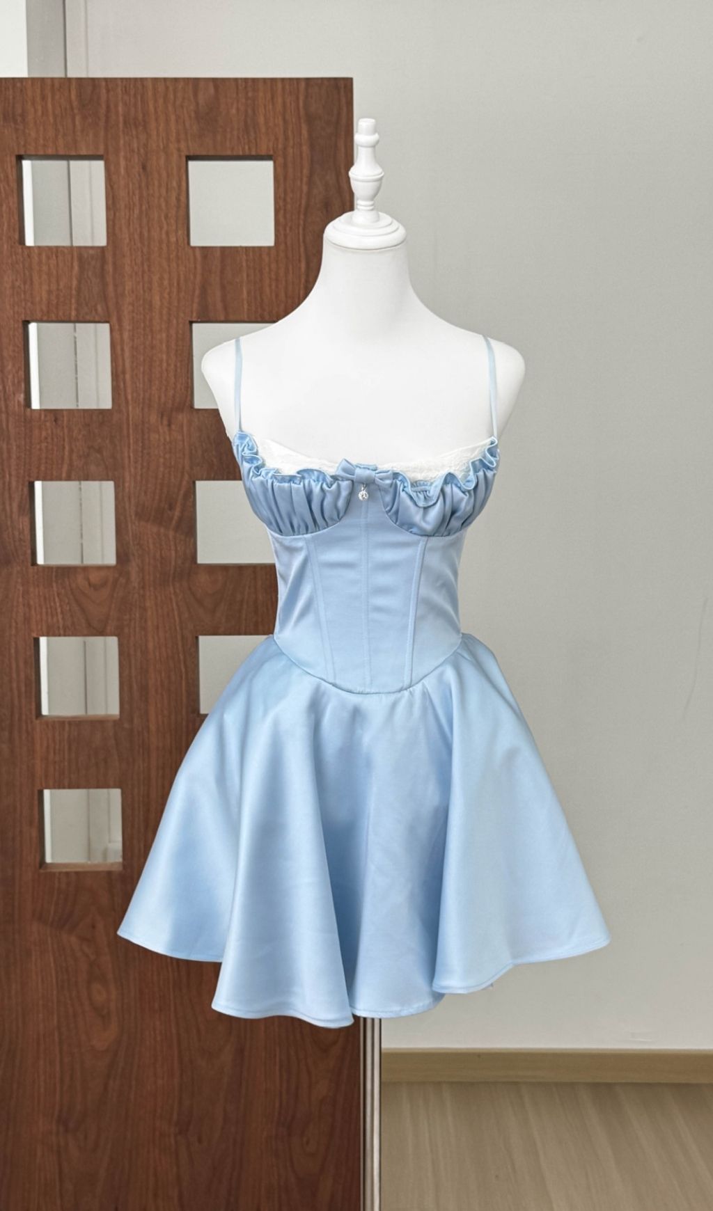 Kelsy Ethereal Blue Satin Corset Mini Dress with Lace Trim