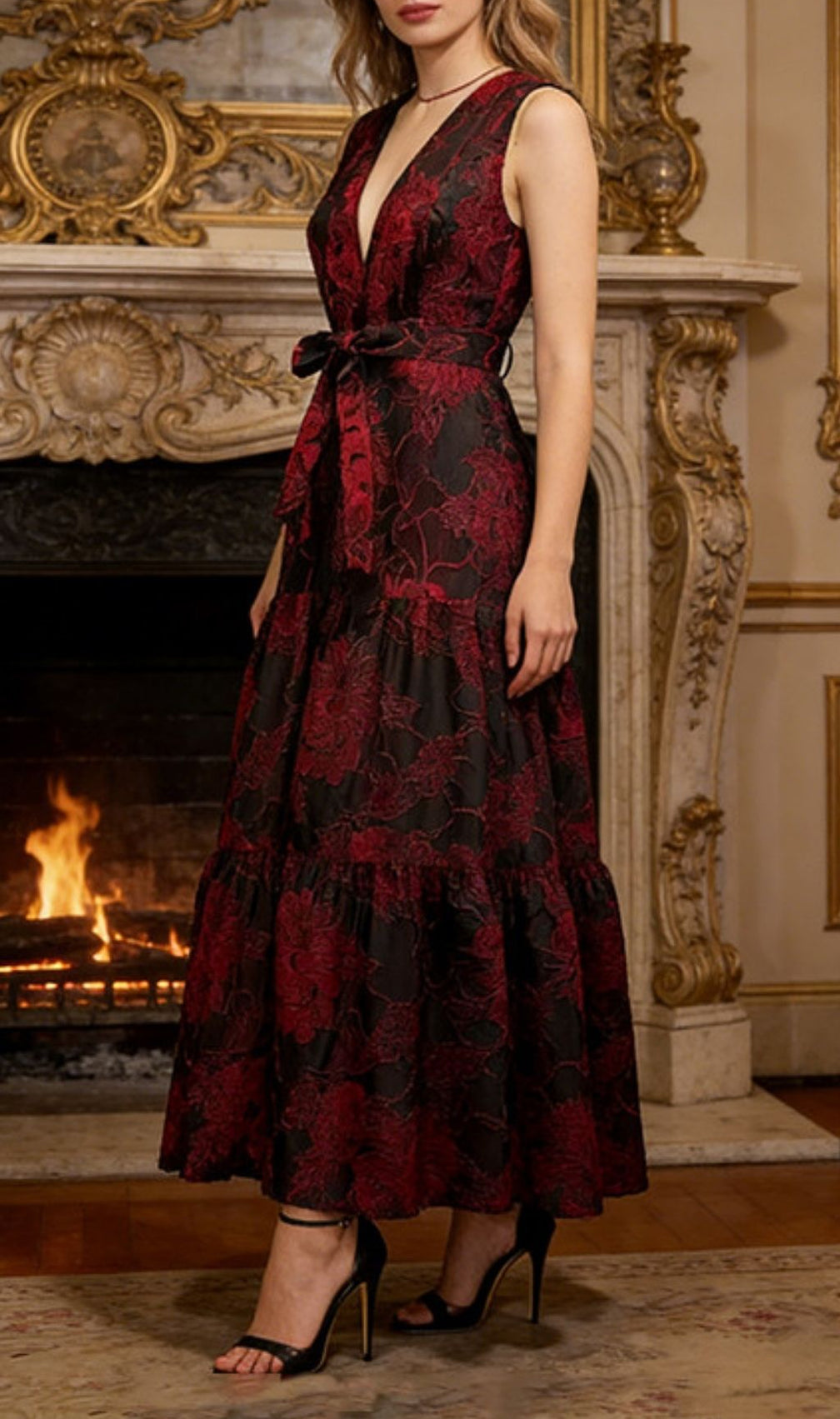 Kaniya Elegant Red & Black Floral Maxi Dress - V-Neck Sleeveless Tie Waist