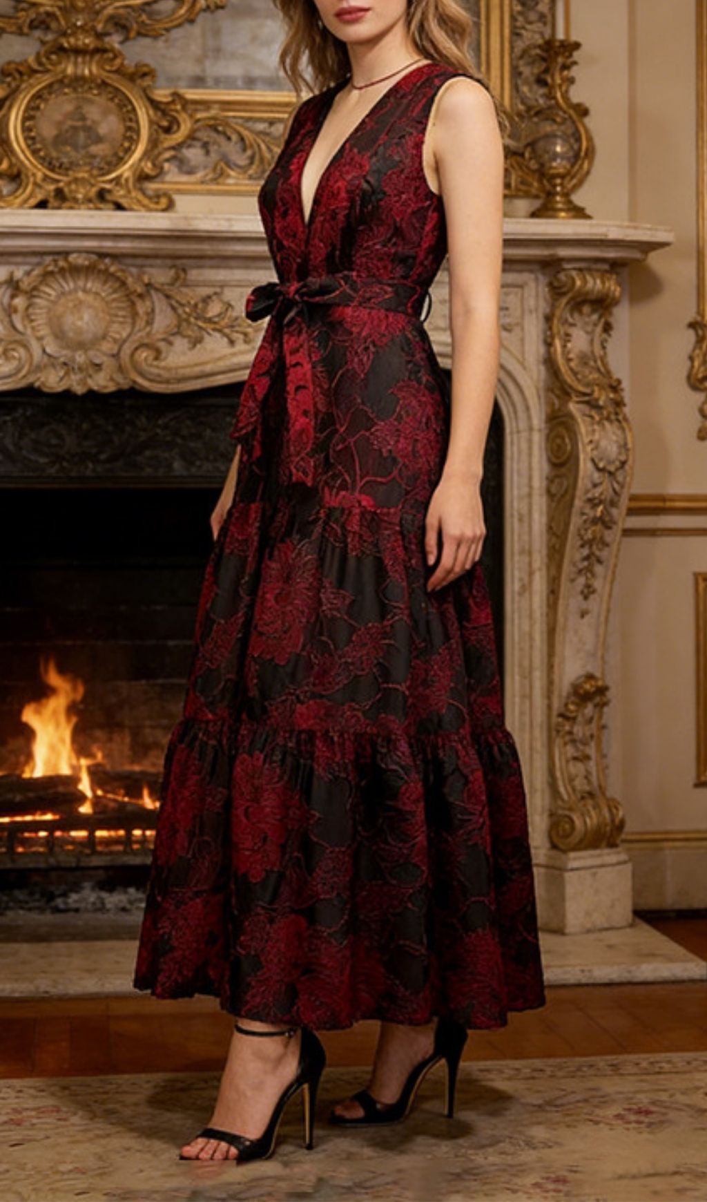 Kaniya Elegant Red & Black Floral Maxi Dress - V-Neck Sleeveless Tie Waist