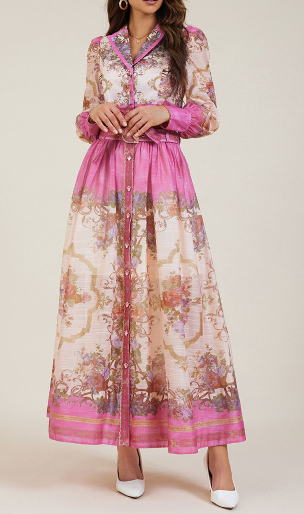 Gretchen Pink Flower Printed Long Sleeve Blouse & Skirt Set