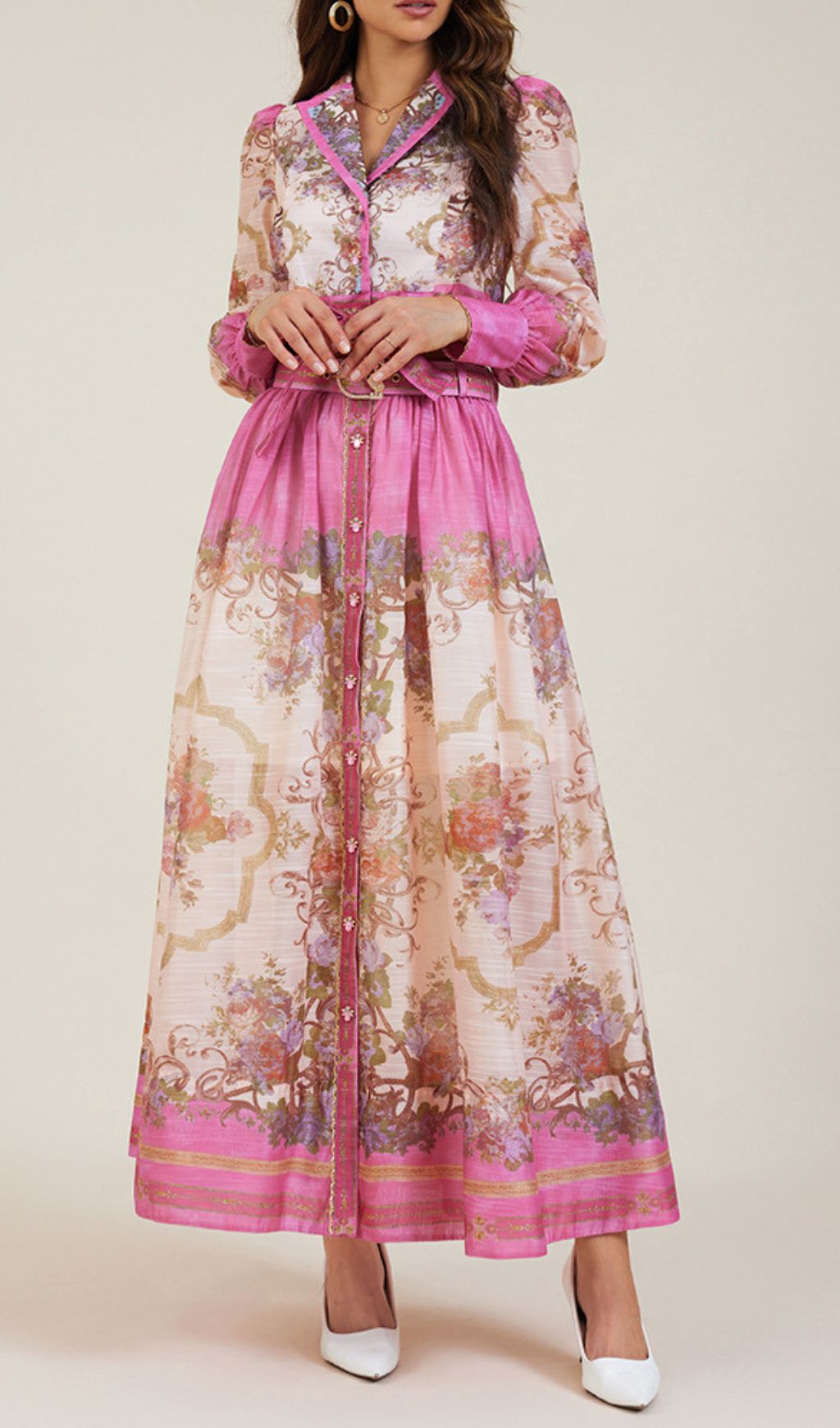 Gretchen Pink Flower Printed Long Sleeve Blouse & Skirt Set