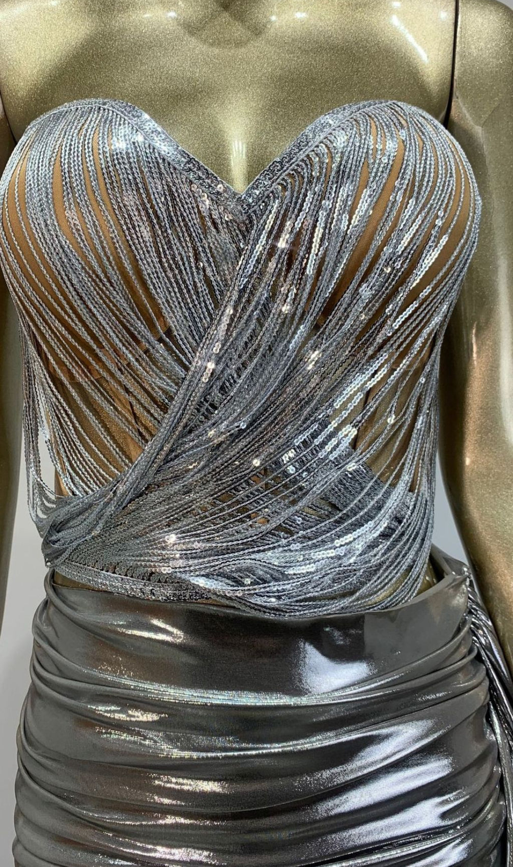 Haylia Silver Sparkle Strapless Corset & Sequin Mini Skirt Set | Glamorous Party Wear