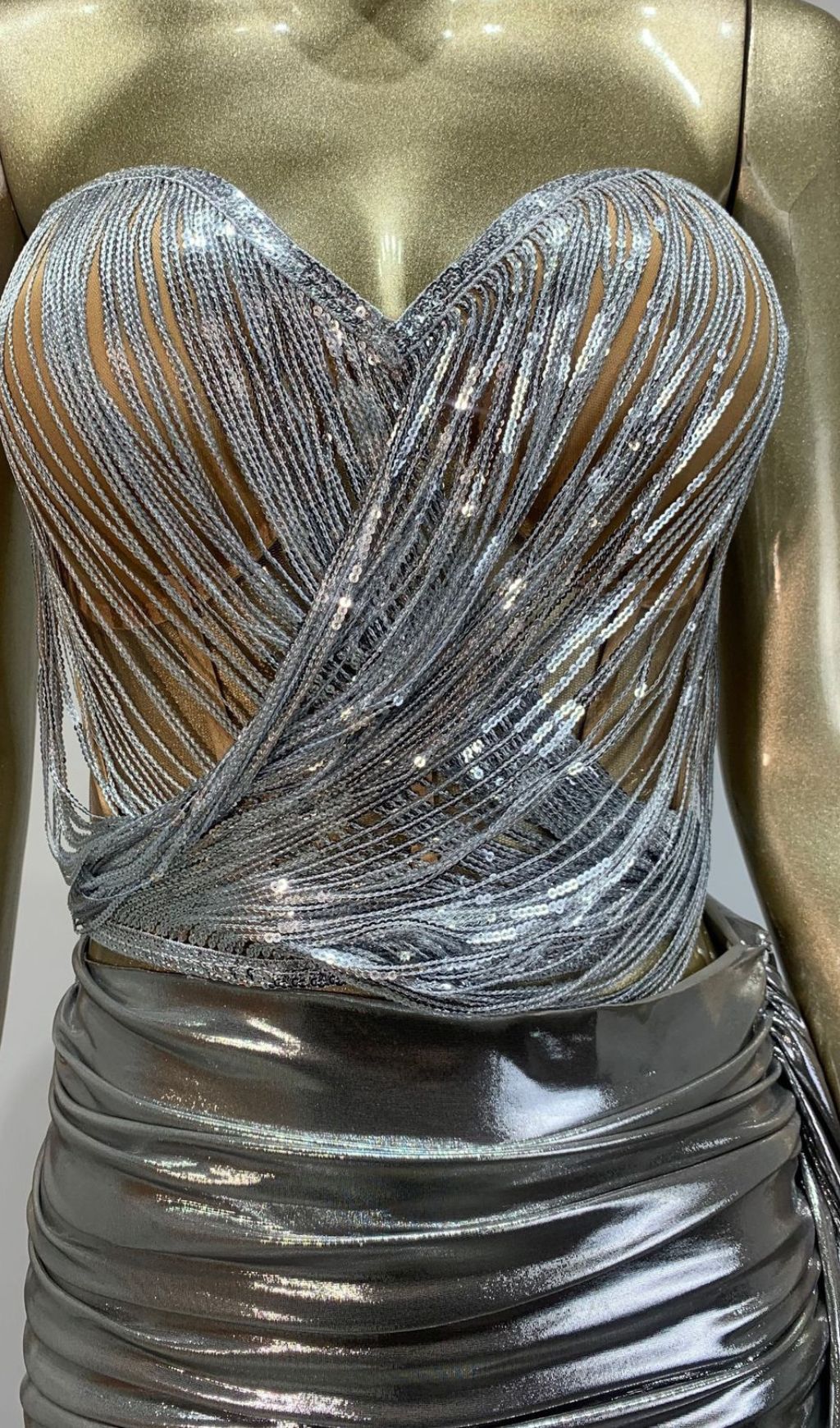 Haylia Silver Sparkle Strapless Corset & Sequin Mini Skirt Set | Glamorous Party Wear