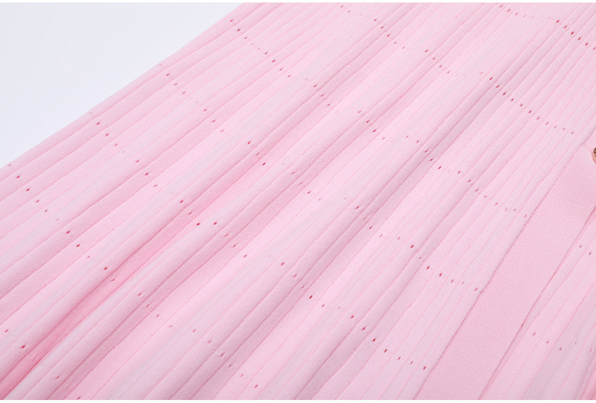 Karolina Pink Crochet Collar Knit Midi Dress - Elegant Button-Front Style