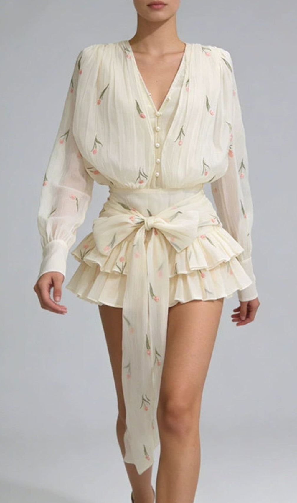 Junius Dreamy Floral Ruffled Long Sleeve Mini Dress