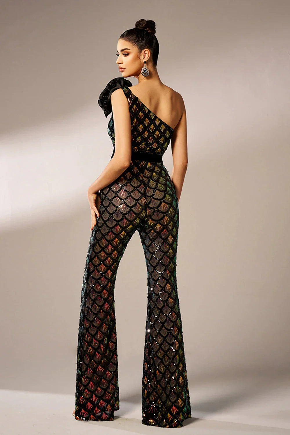 Mermaid Scale Floral One-Shoulder Sequin Jumpsuit