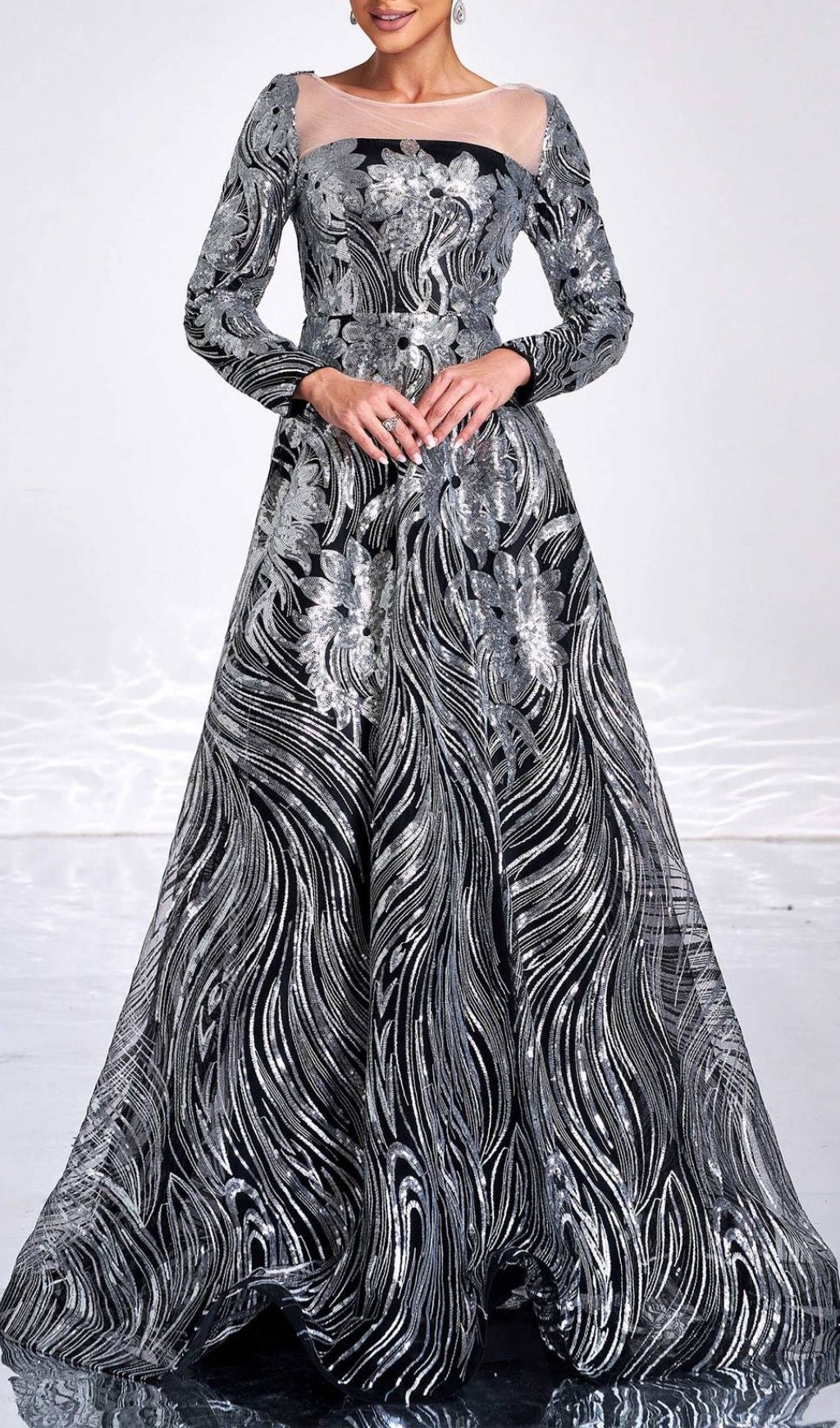 Charae Silver Sequin Long Sleeve Maxi Dress