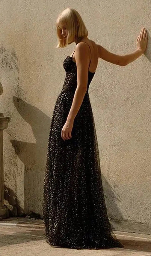 Strappy Draped Rhinestone Tulle Corset Maxi Dress In Black
