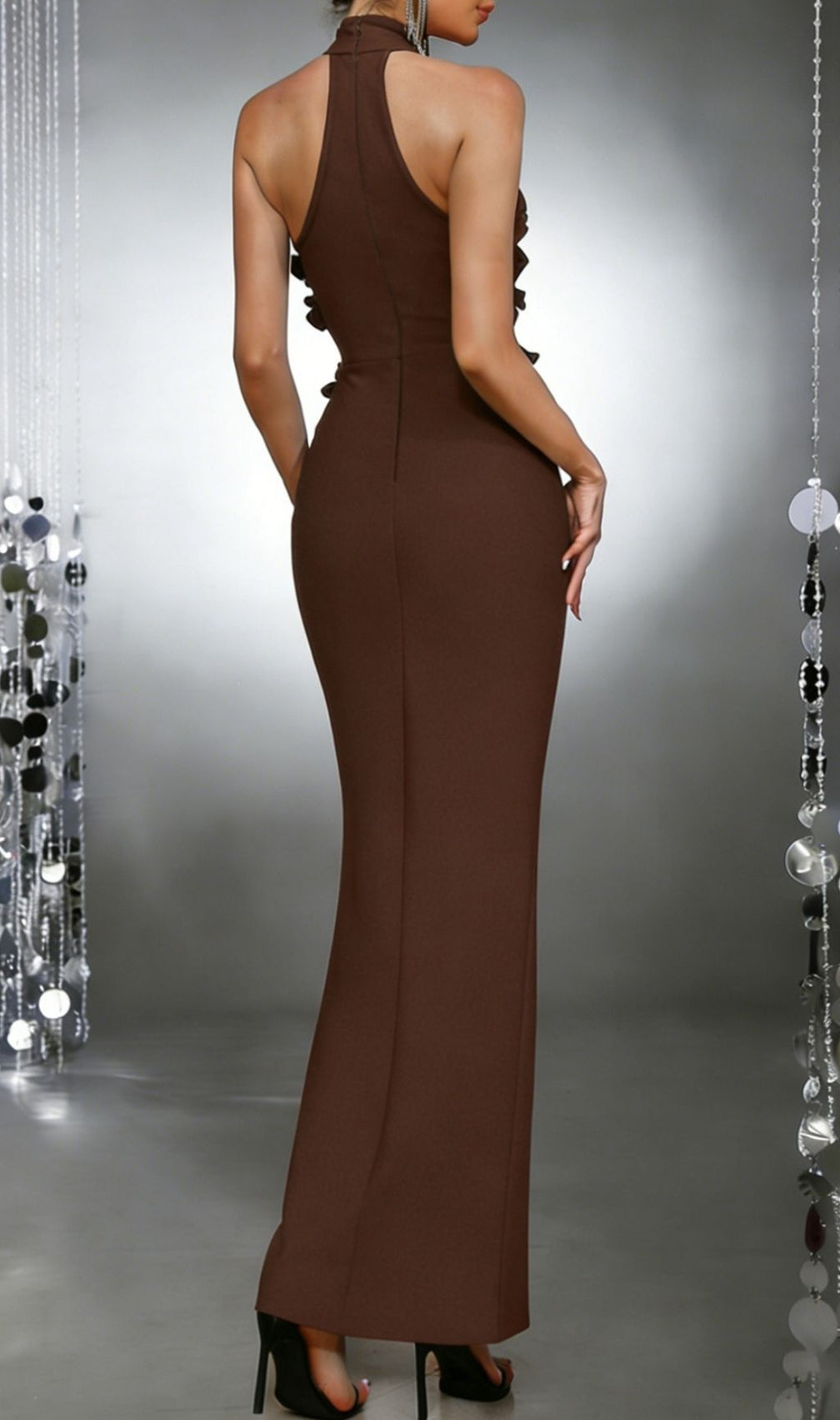 Kelsie Sculpting Brown Floral Appliqué Bandage Maxi Gown