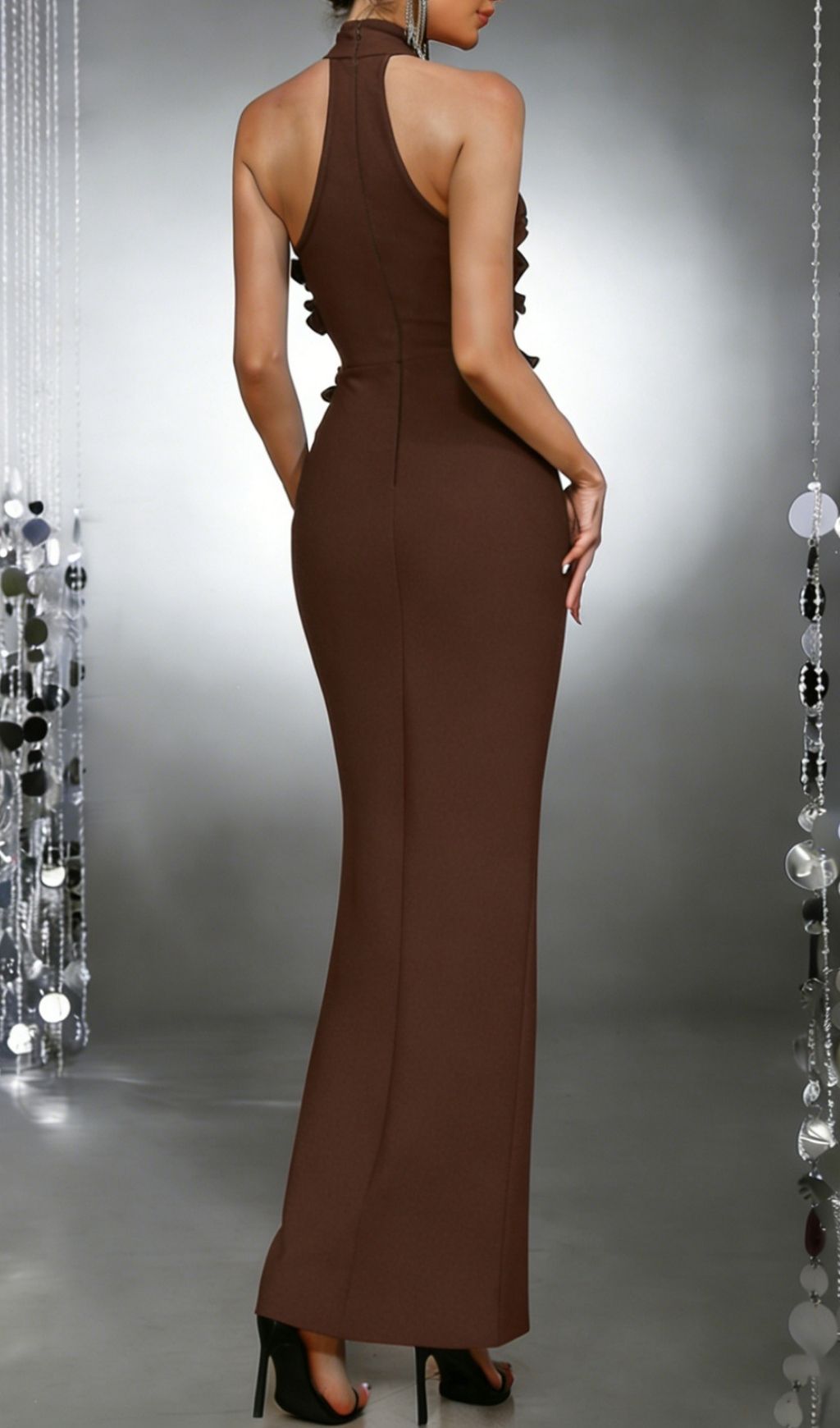 Kelsie Sculpting Brown Floral Appliqué Bandage Maxi Gown