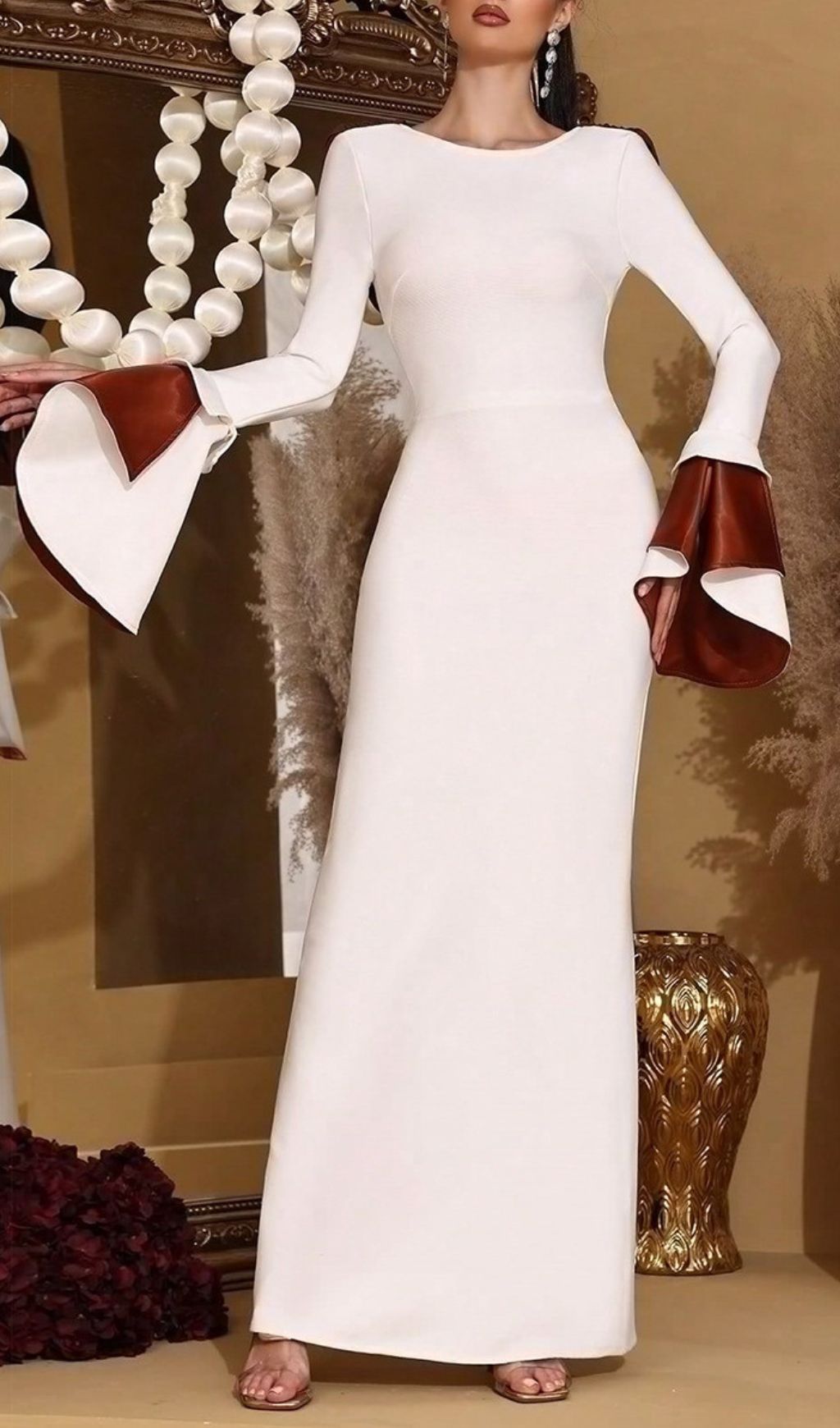 Hadleigh Elegant White Long Sleeve Maxi Dress with Dramatic Satin Cuffs