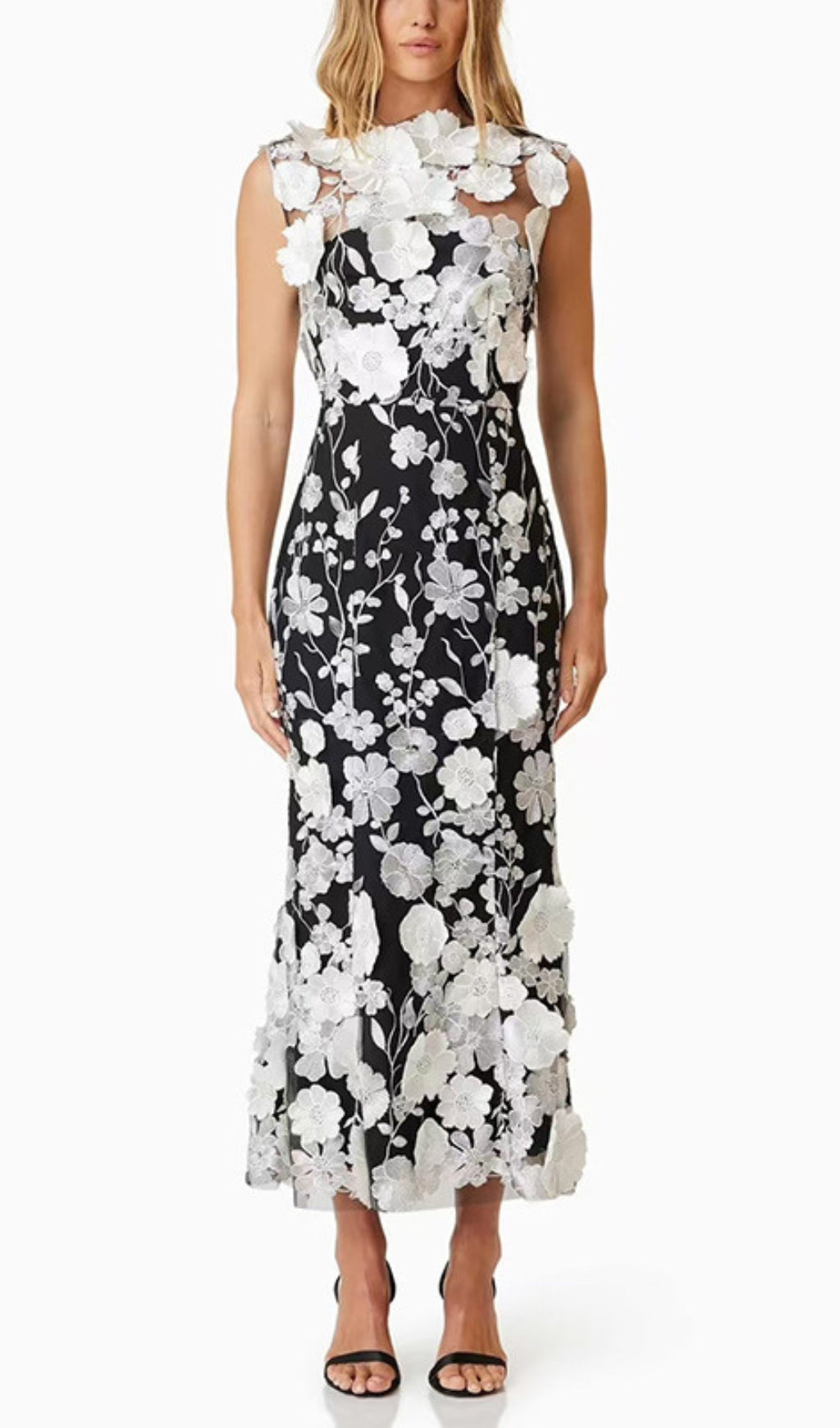 Cessair Sleeveless Flower Embroidery Midi Dress