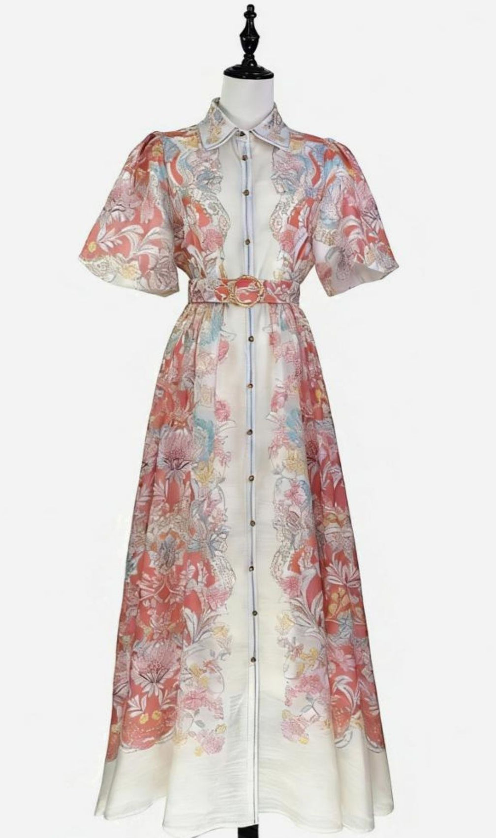 Karsen Elegant Floral Print Puff Sleeve Maxi Shirt Dress