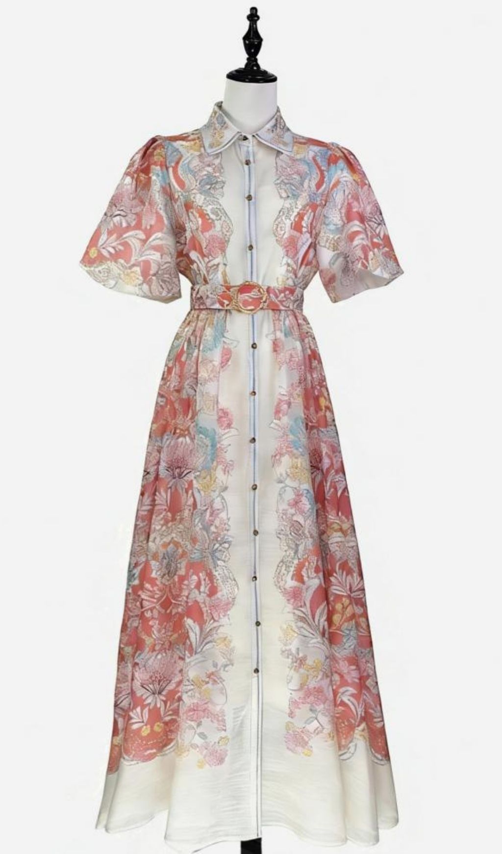 Karsen Elegant Floral Print Puff Sleeve Maxi Shirt Dress