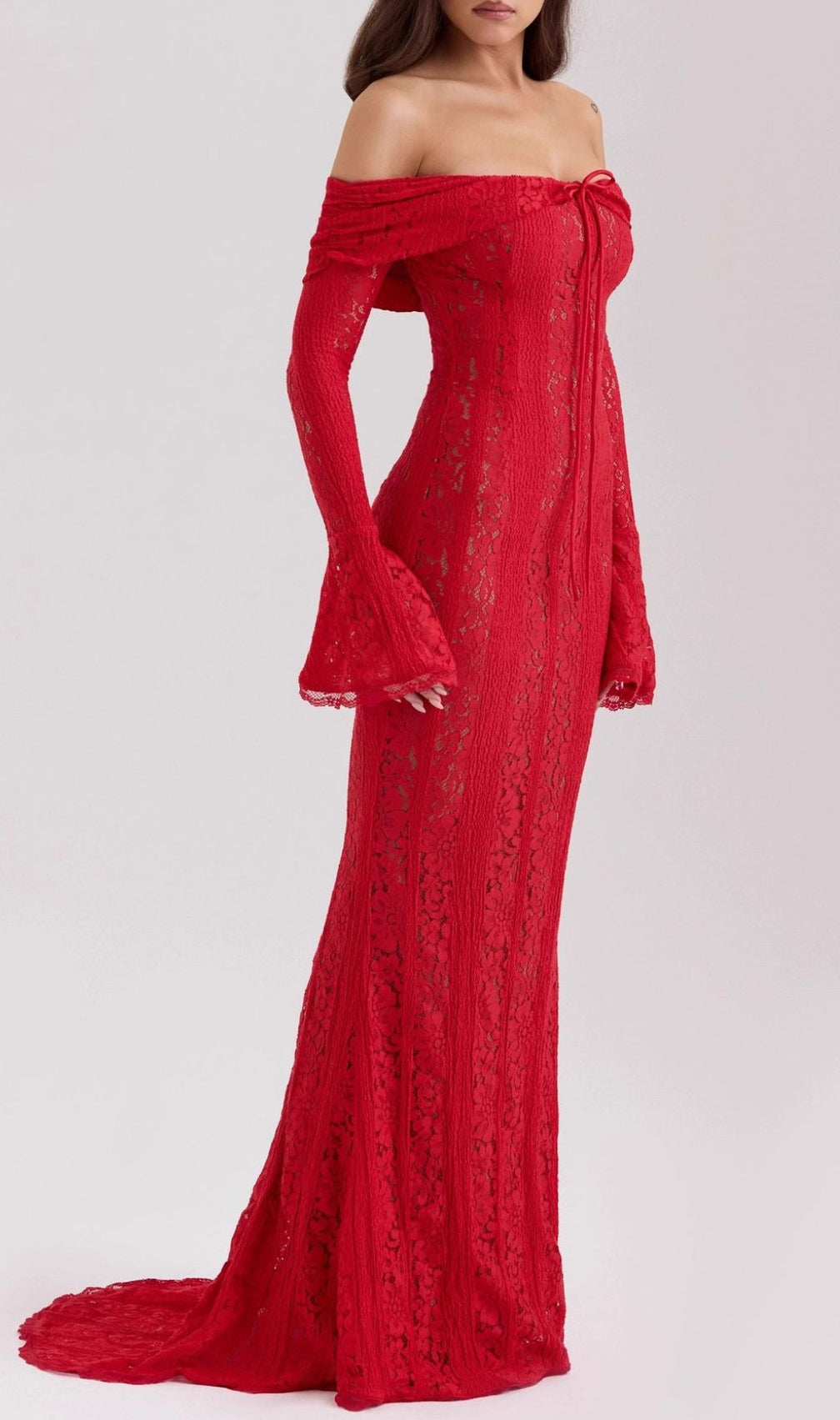 Jolene Red Lace Off-Shoulder Maxi Dress - Long Sleeve Evening Gown