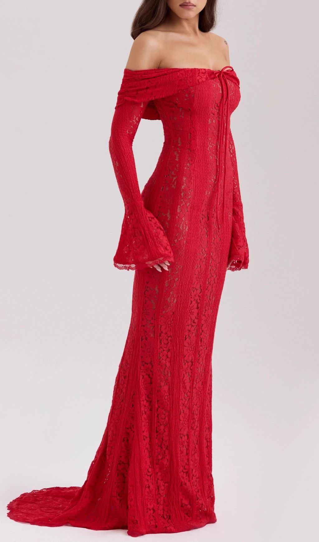 Jolene Red Lace Off-Shoulder Maxi Dress - Long Sleeve Evening Gown