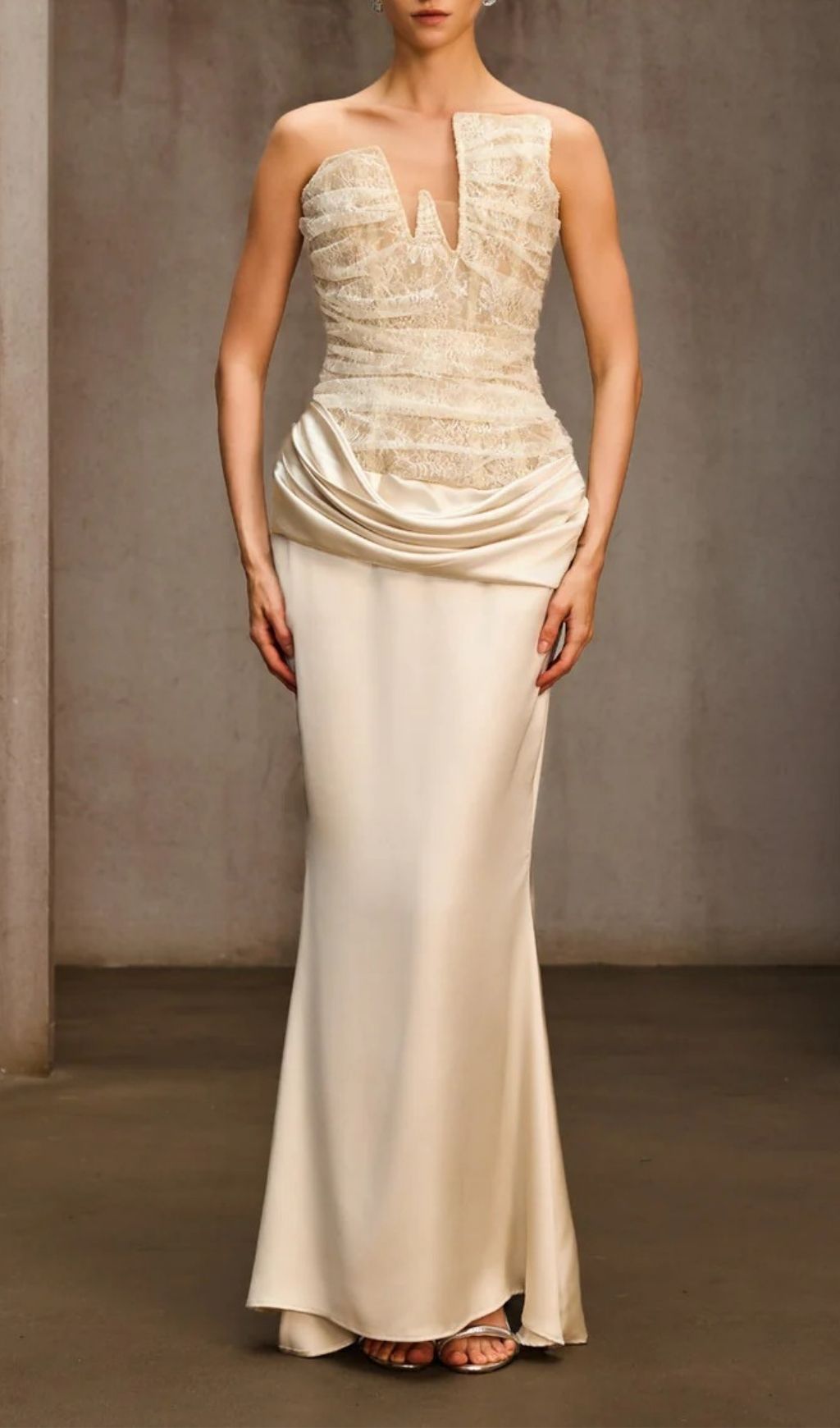 Nyrionyx Strapless Lace Draped Maxi Dress