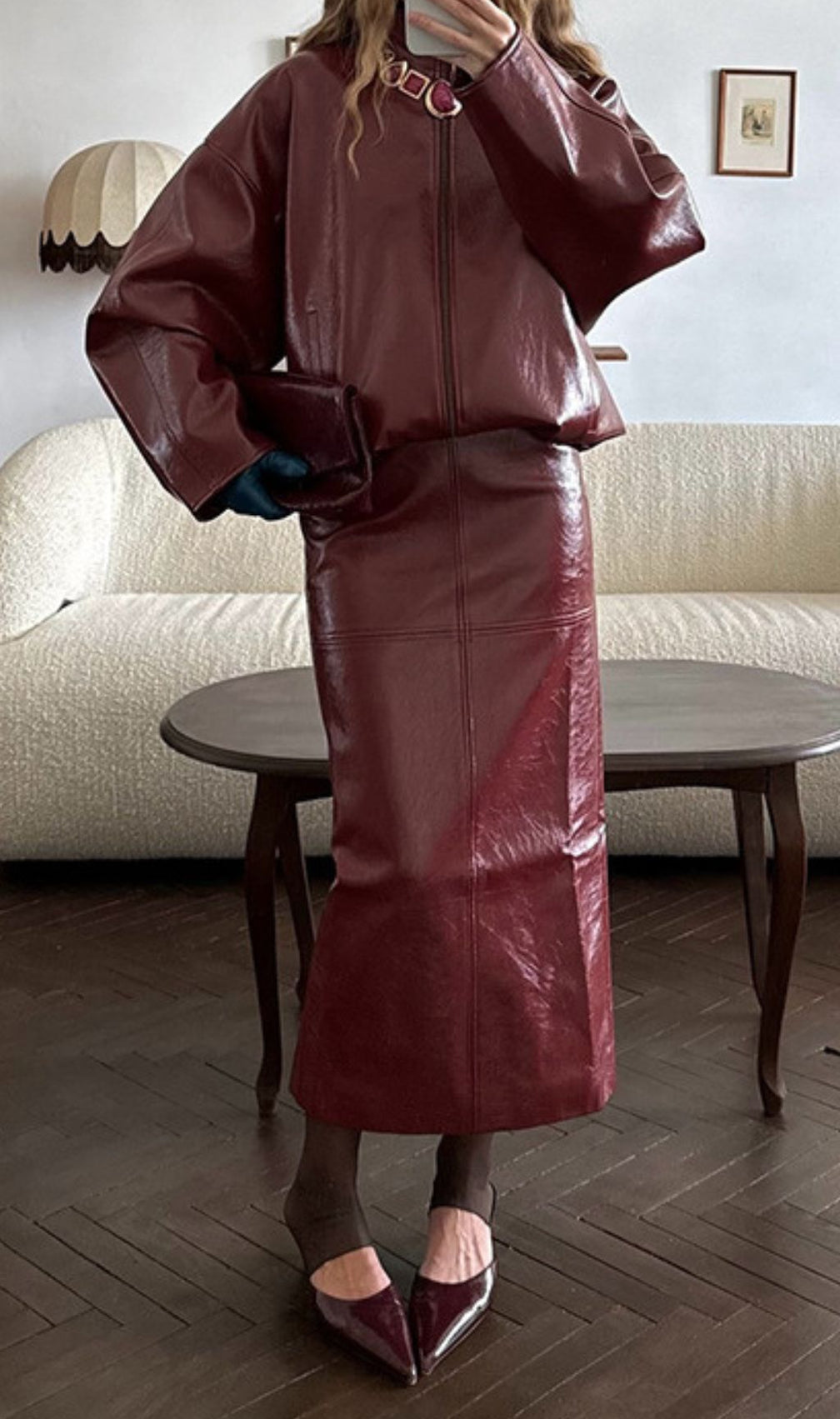 Jehan Glossy PU Leather Bomber Jacket & Midi Skirt Set - Chic Olive Green Co-ord