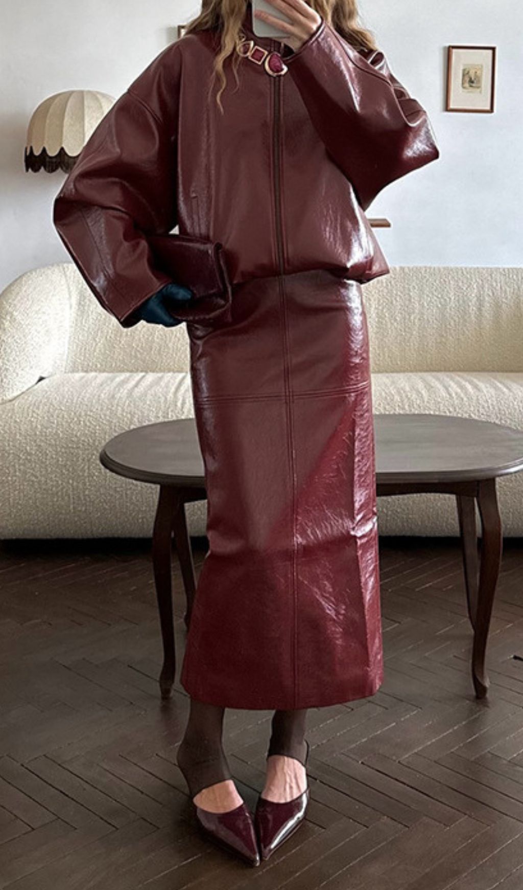 Jehan Glossy PU Leather Bomber Jacket & Midi Skirt Set - Chic Olive Green Co-ord