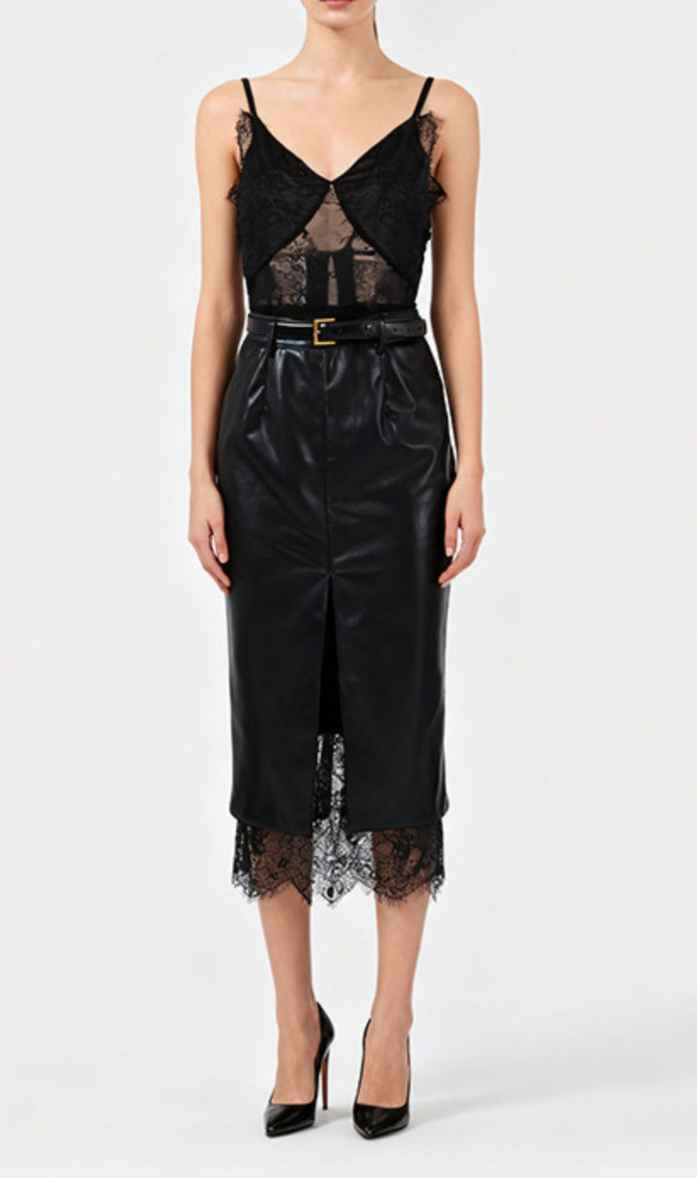 Ilta Black Lace & Vegan Leather Midi Dress | Chic Layered Look