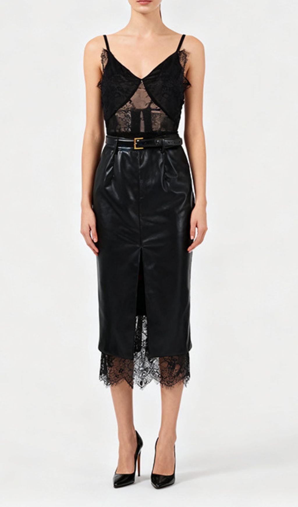 Ilta Black Lace & Vegan Leather Midi Dress | Chic Layered Look