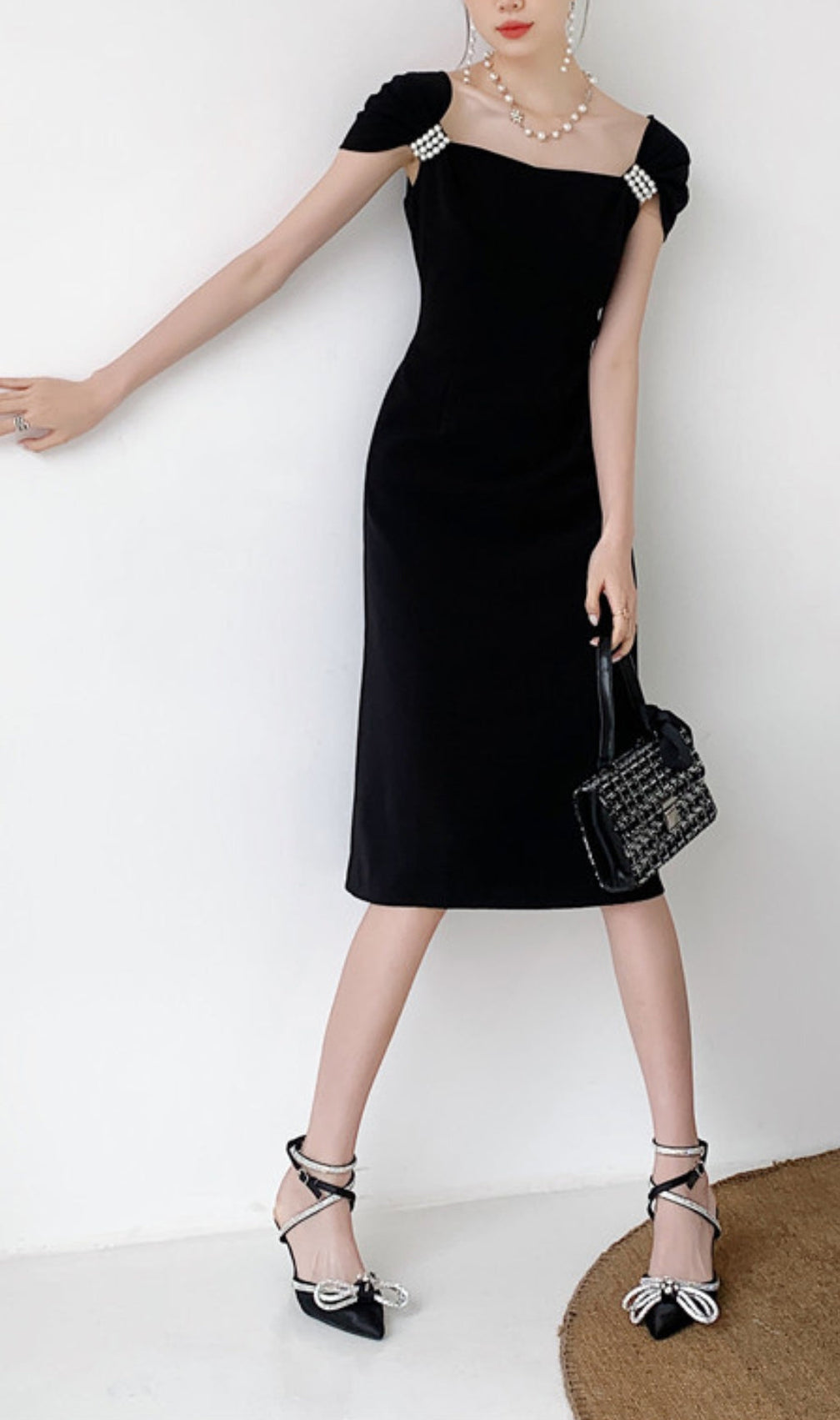 Pearl Half Sleeve Black Flowing Midi Dress
