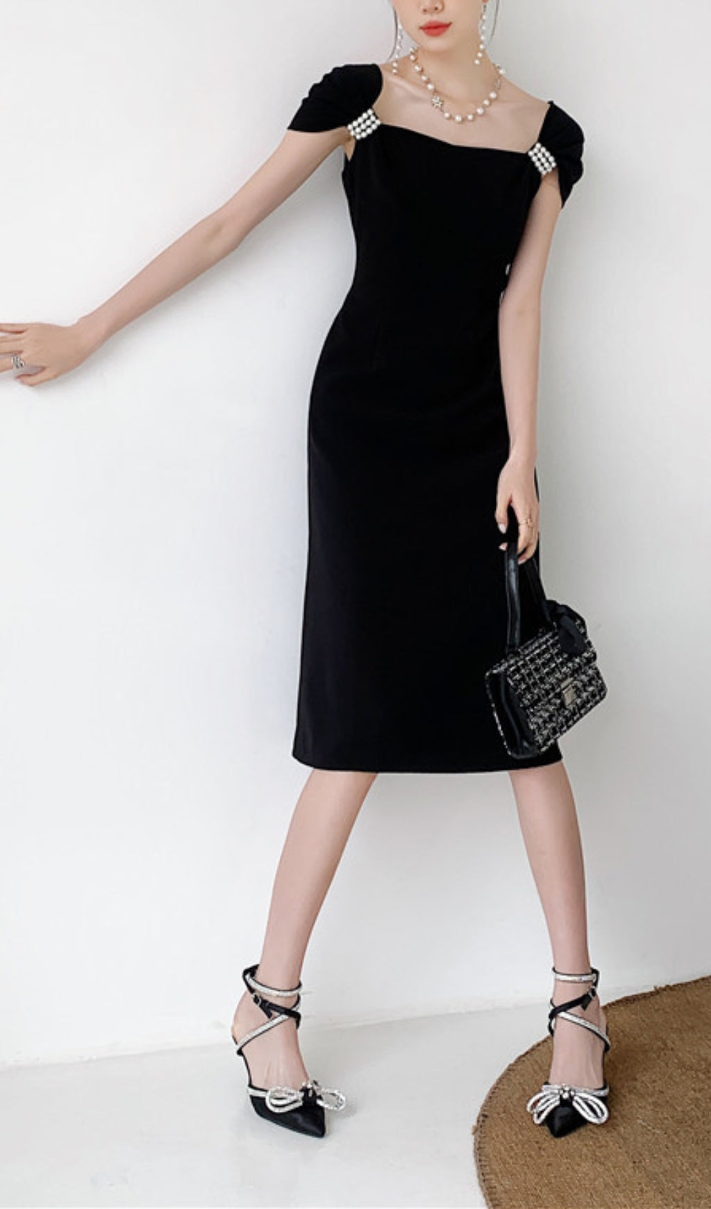 Pearl Half Sleeve Black Flowing Midi Dress