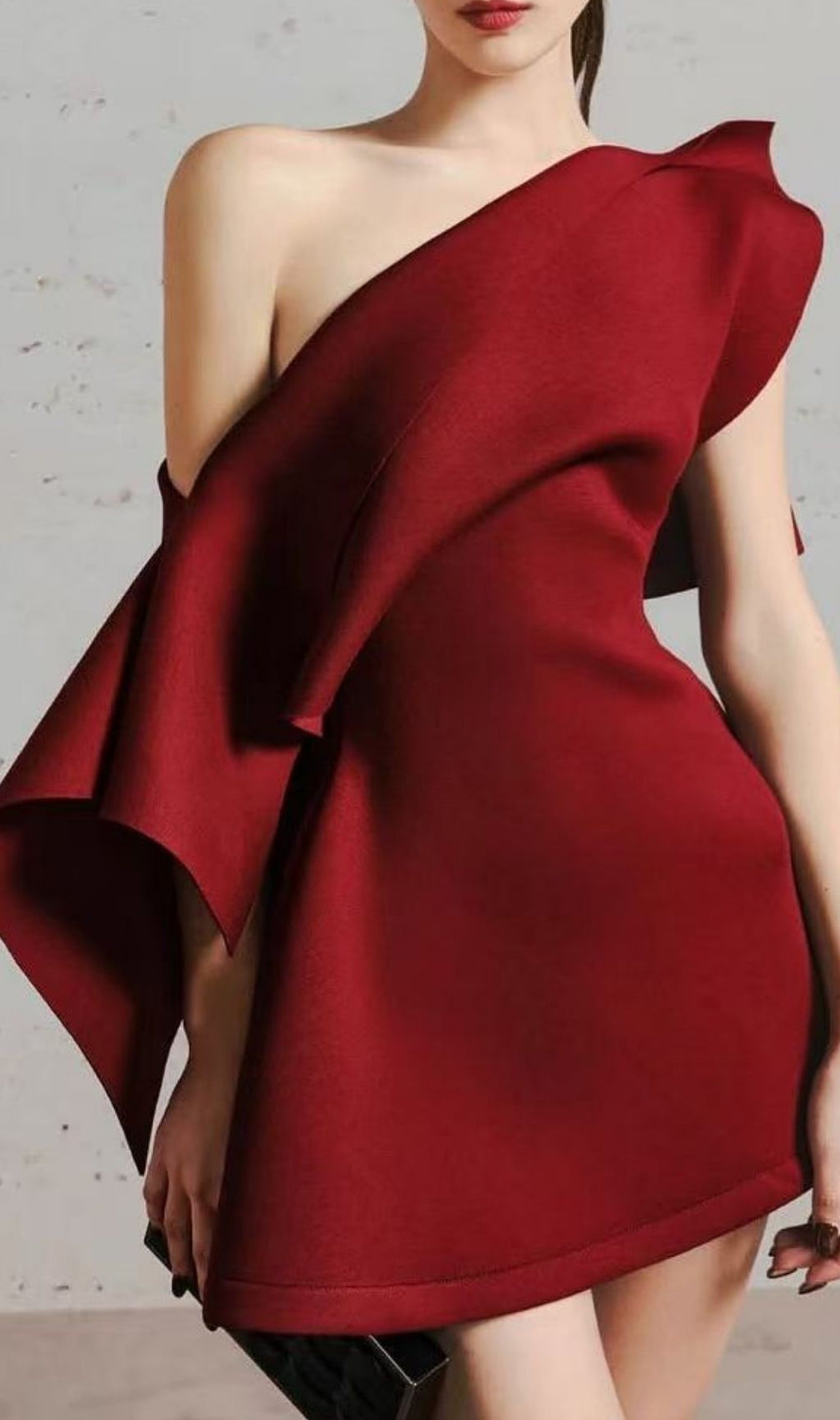 Kelsi Chic Asymmetrical One-Shoulder Mini Dress - Burgundy Statement
