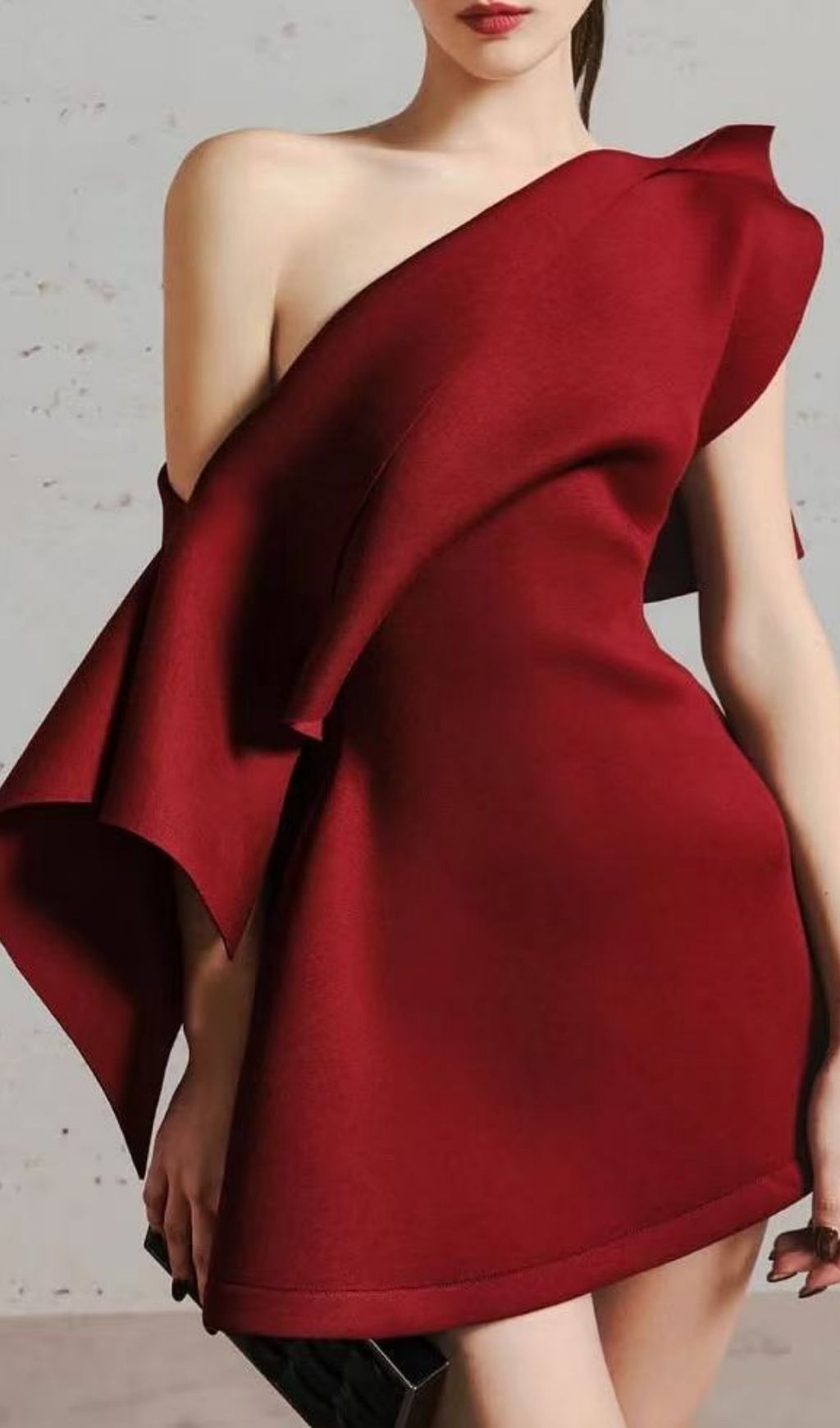 Kelsi Chic Asymmetrical One-Shoulder Mini Dress - Burgundy Statement