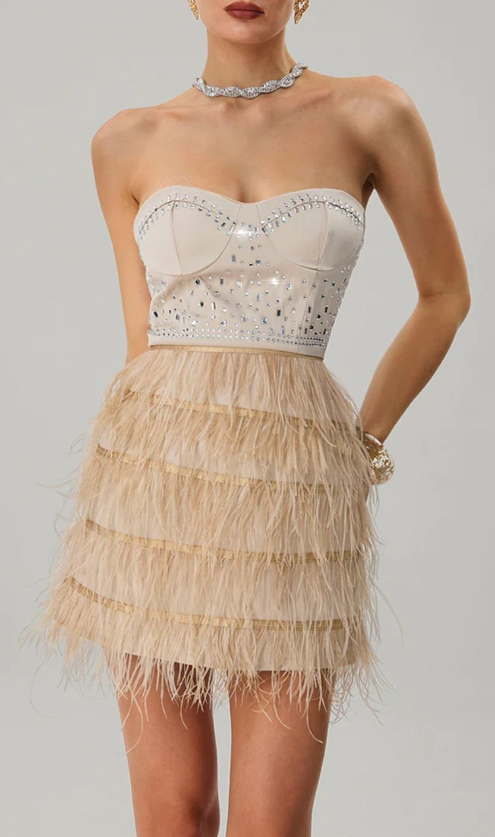 Jagtopa Strapless Rhinestone Feather Fringe Mini Dress - Glamorous Cocktail & Party