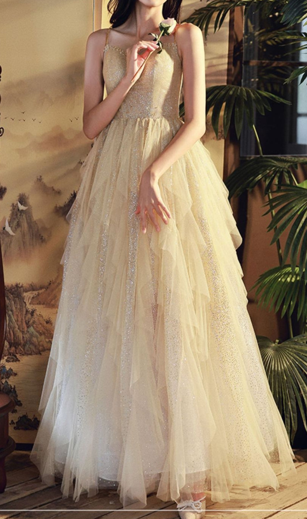 Chinara Champagne Mesh Bling Maxi Dress