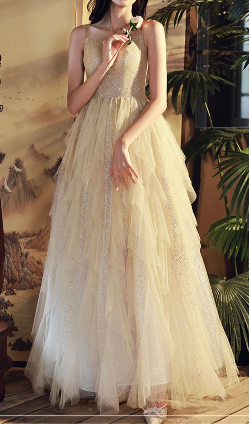 Chinara Champagne Mesh Bling Maxi Dress