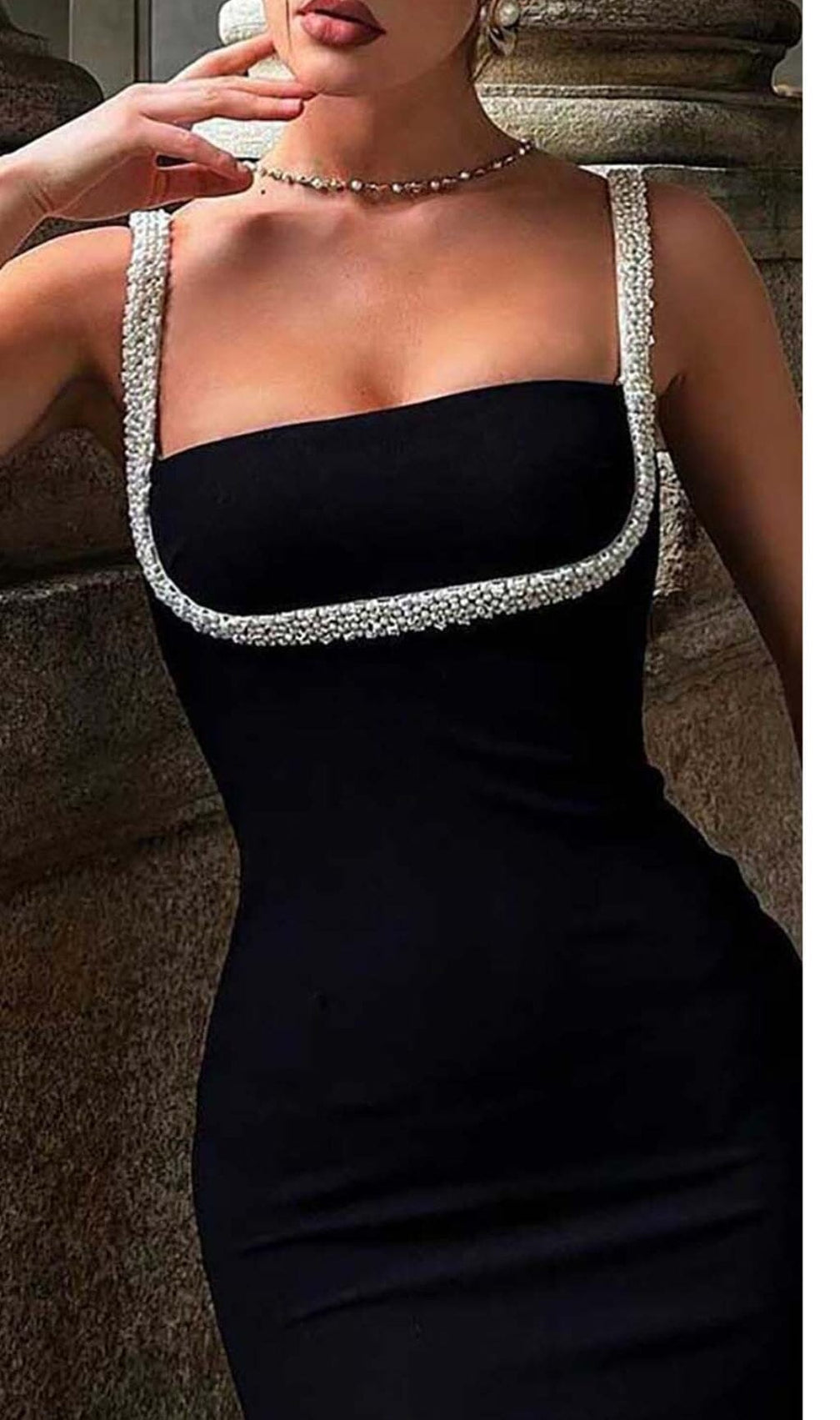Crystal Embellished Trim Midi Dress In Black