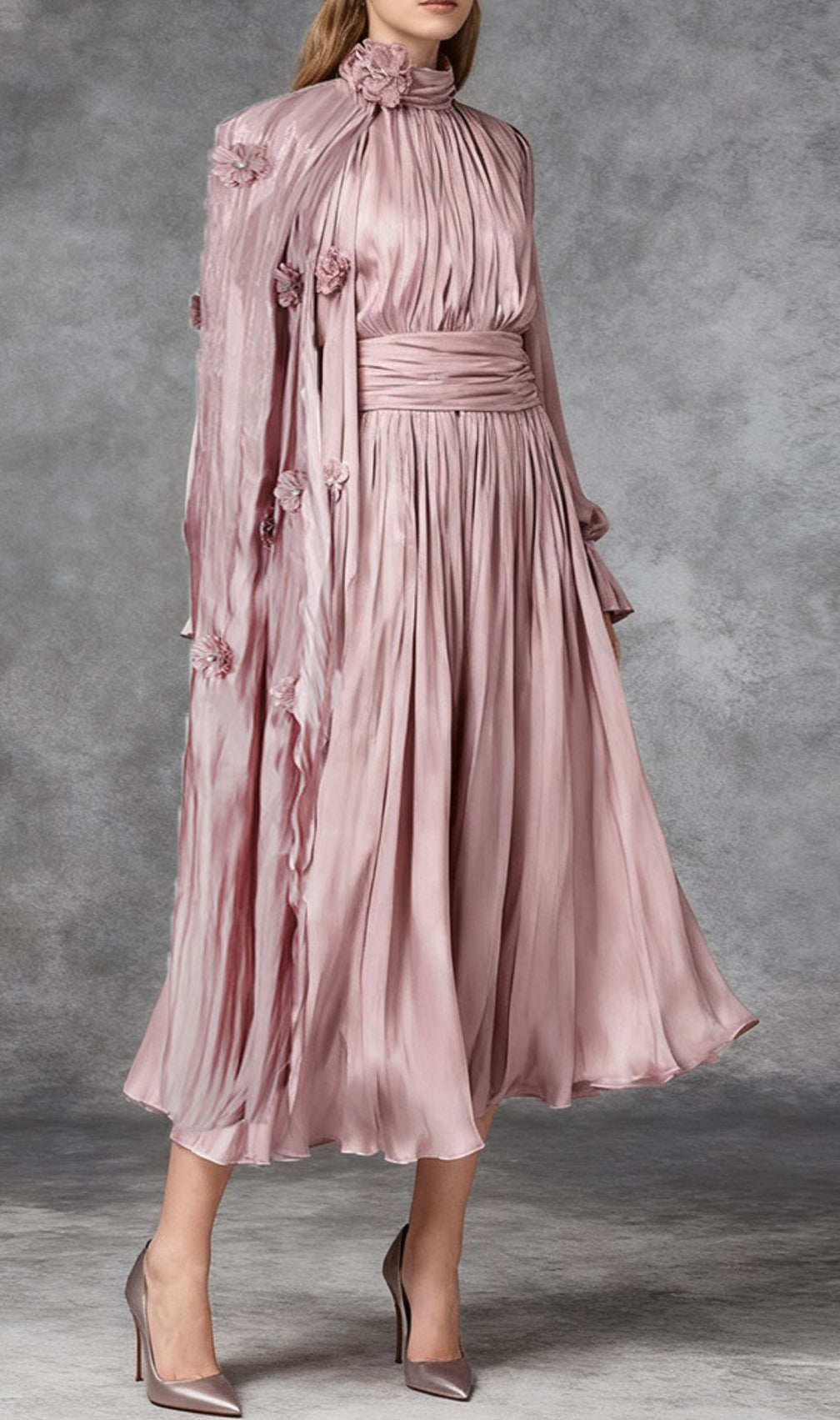 Irfan Opulent Bloom Pleated Satin Midi Dress with 3D Floral Cape