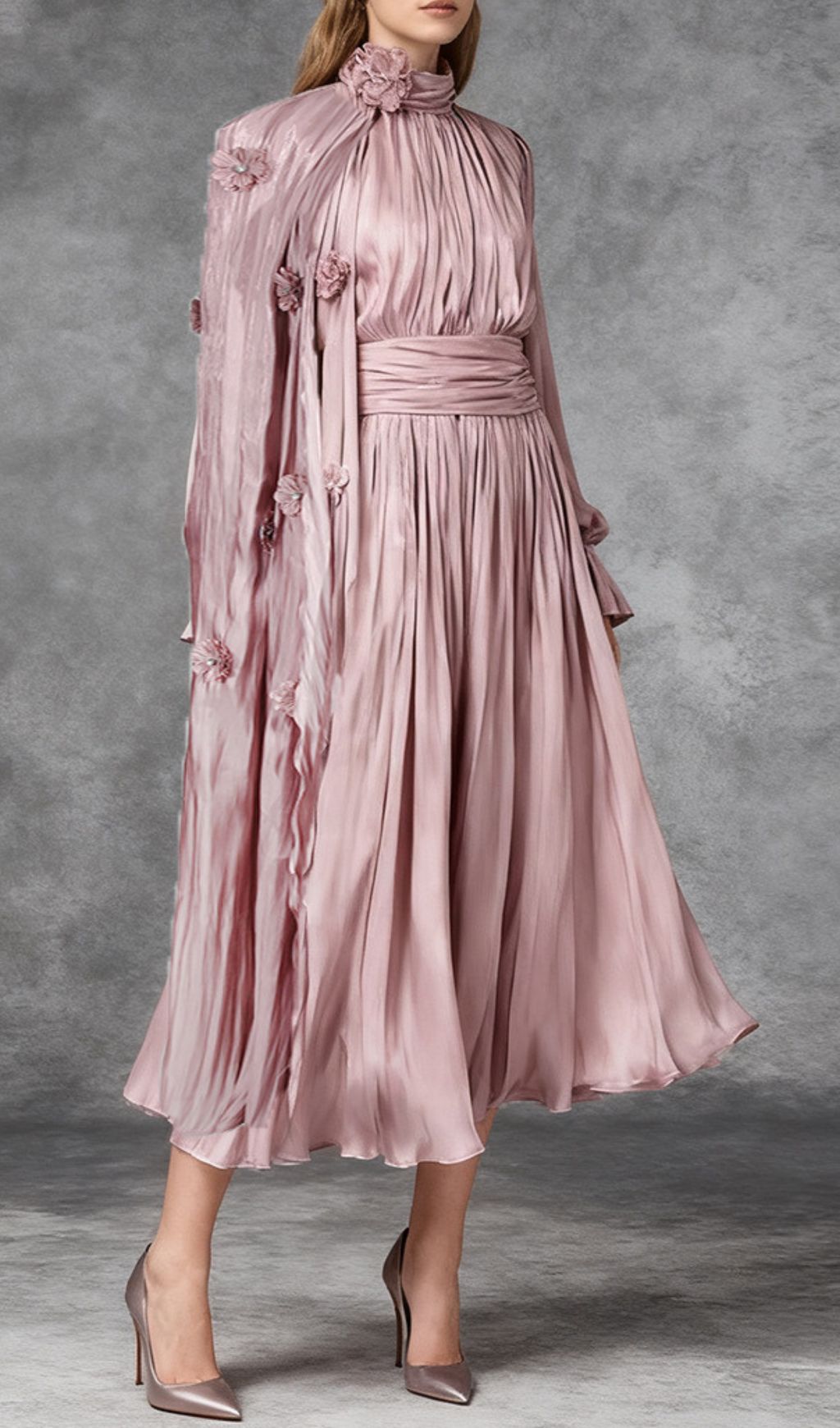 Irfan Opulent Bloom Pleated Satin Midi Dress with 3D Floral Cape
