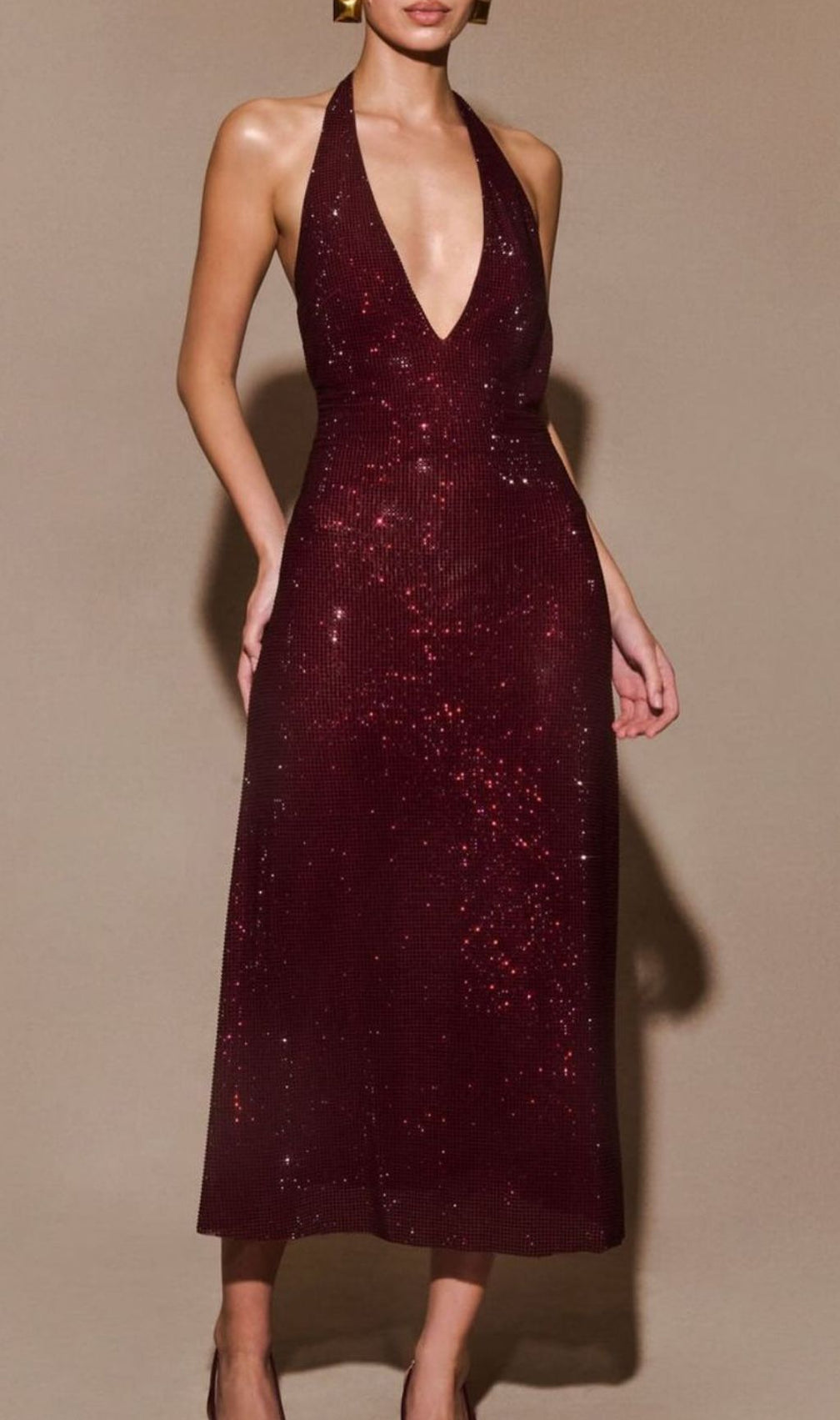 Jayne Dazzling Red Sequin Halter Backless Midi Dress - Command Attention