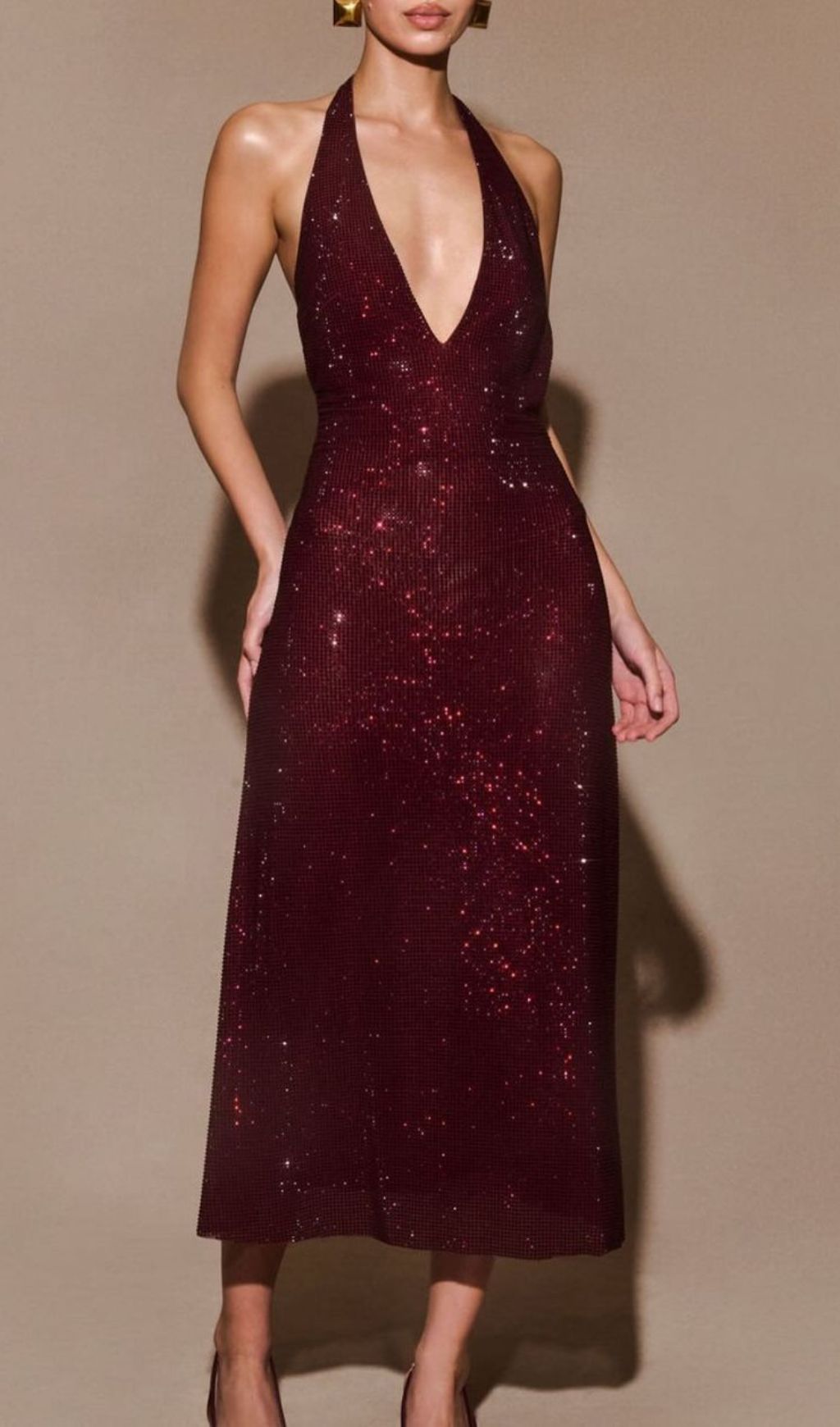 Jayne Dazzling Red Sequin Halter Backless Midi Dress - Command Attention